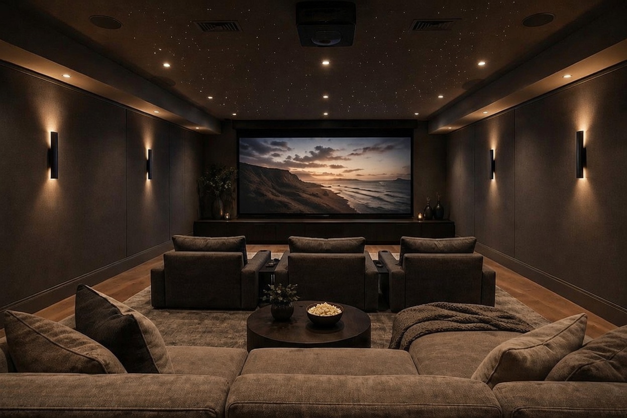 This sophisticated home theater features a large projection screen displaying a scenic coastal landscape, flanked by wall-mounted sconces that provide warm, ambient lighting. The room is furnished with a plush, dark-toned sectional sofa in the foreground and three rows of comfortable theater-style seating, all arranged on a tiered floor. A starlit ceiling effect adds a cinematic atmosphere, while a central coffee table holds a bowl of popcorn, completing the immersive entertainment experience.