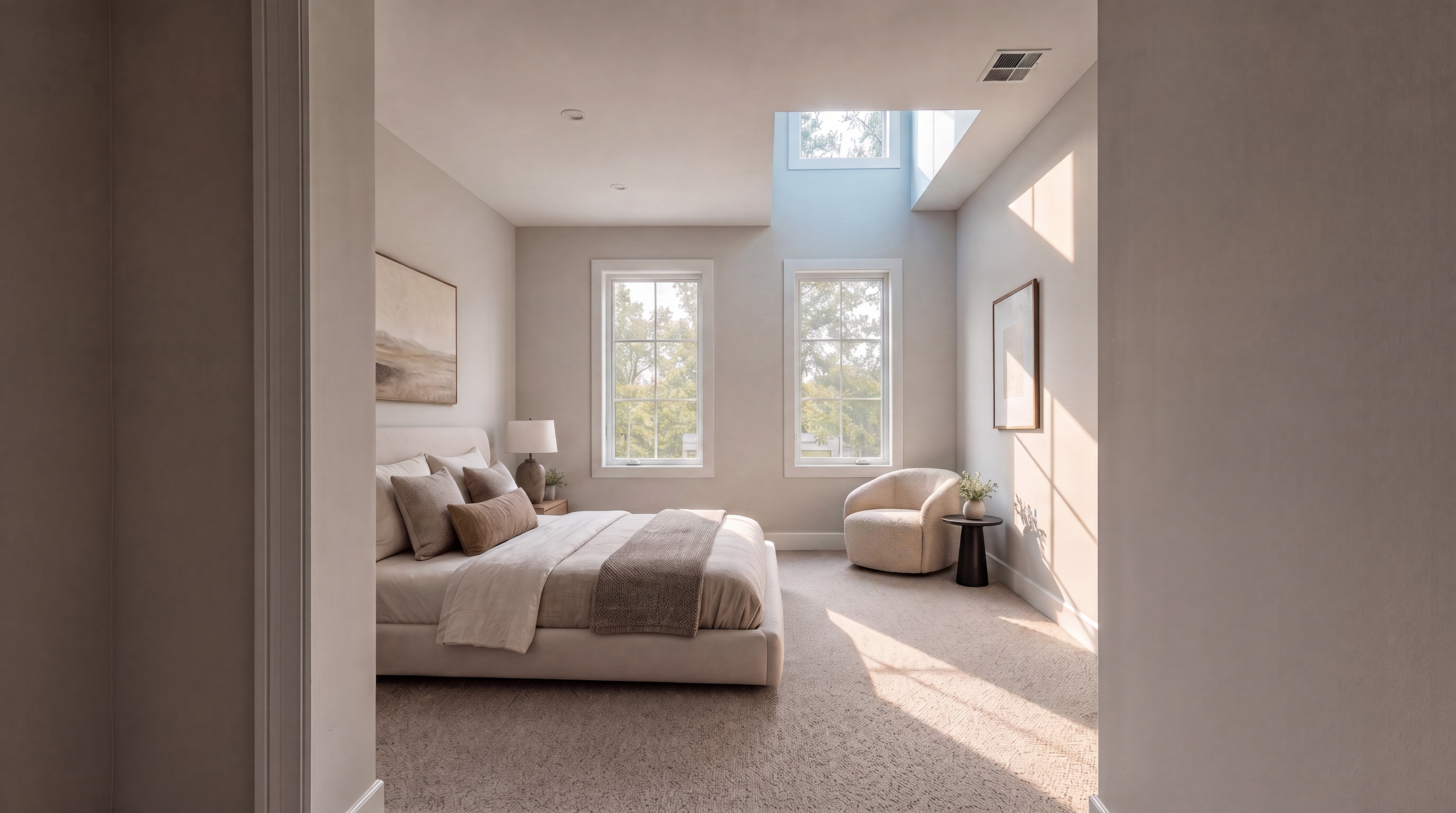 A tranquil and spacious primary bedroom featuring a soft, monochromatic palette with neutral textures and plush carpeting. The room is highlighted by a grand skylight, two tall windows that bring in abundant natural light, and a dedicated seating area with a cozy armchair. Its elegant, minimalist aesthetic creates a serene and inviting retreat, perfect for a high-end property listing.