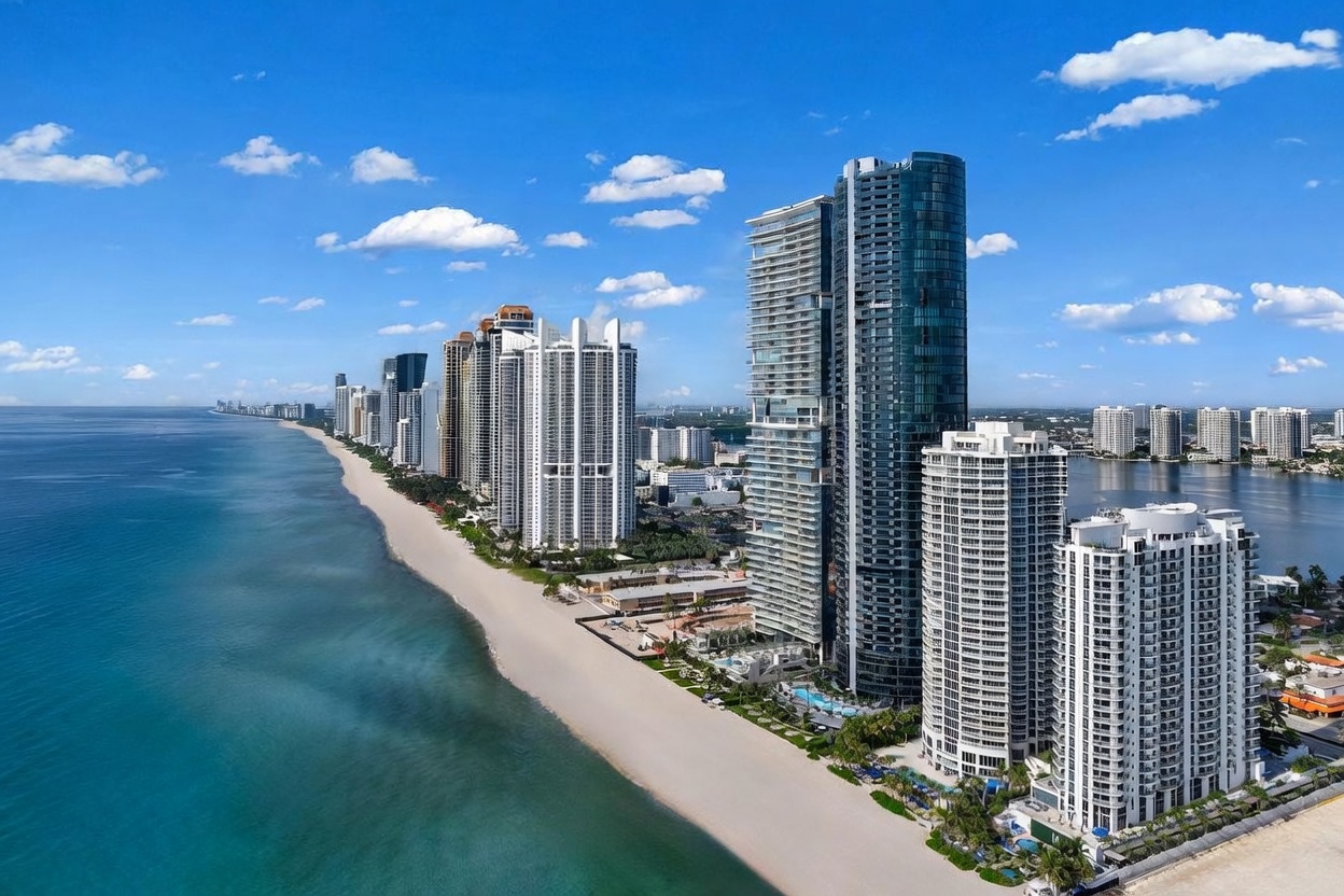This high-altitude aerial view captures a stunning stretch of coastline featuring a series of modern high-rise residential towers situated directly along a pristine sandy beach. The perspective highlights the contrast between the deep blue ocean, the expansive shoreline, and the dense urban development of the waterfront. The scene conveys a luxurious, resort-style atmosphere with clear skies and bright daylight.