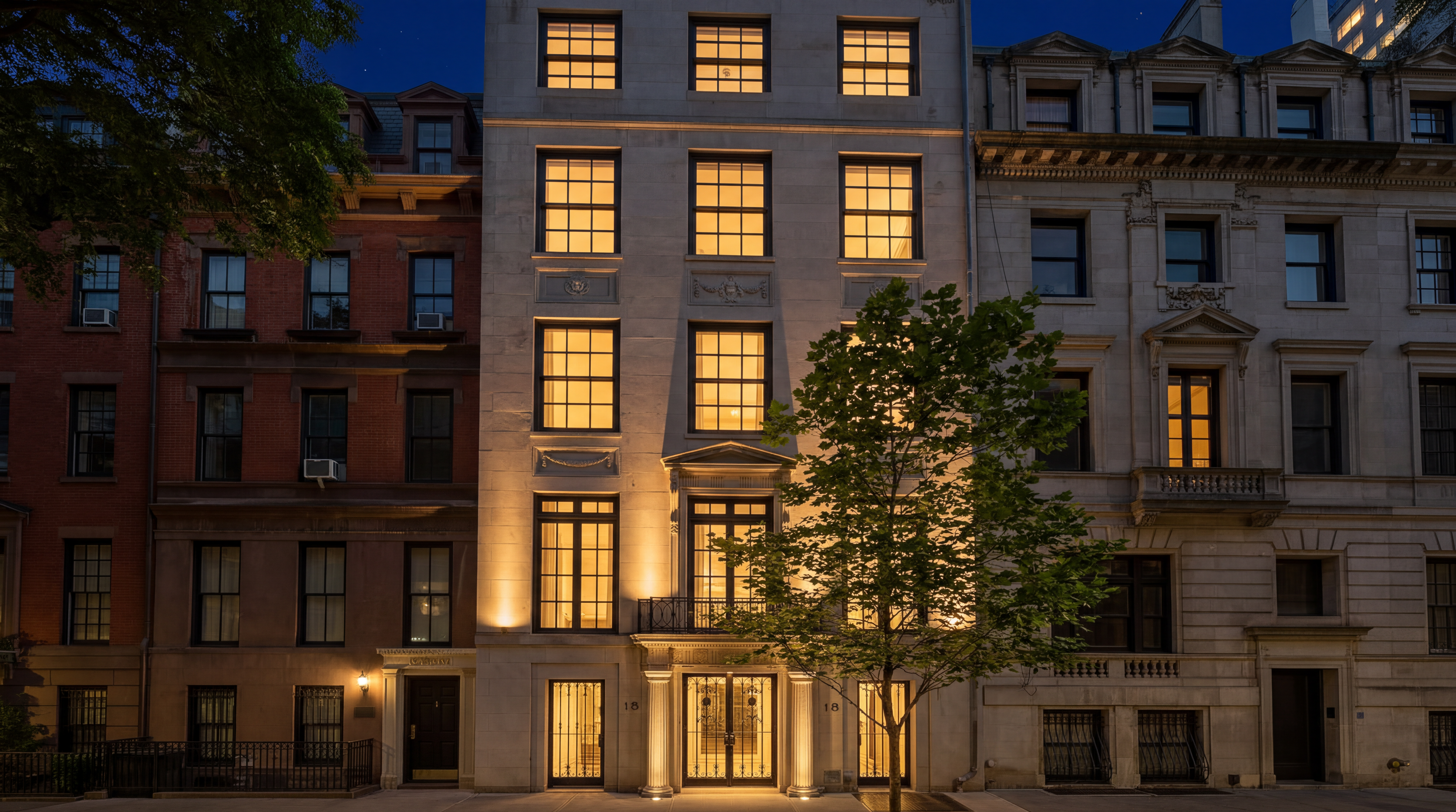 This stunning, symmetrically designed townhouse features a classic limestone facade with intricate architectural detailing and warm, inviting exterior illumination at night. The impressive entry, framed by elegant columns and adorned with a wrought-iron balcony, sets a tone of refined sophistication appropriate for an upscale urban residence. A lush ornamental tree partially shades the front, adding a touch of natural life to this impeccably maintained historic-style property.
