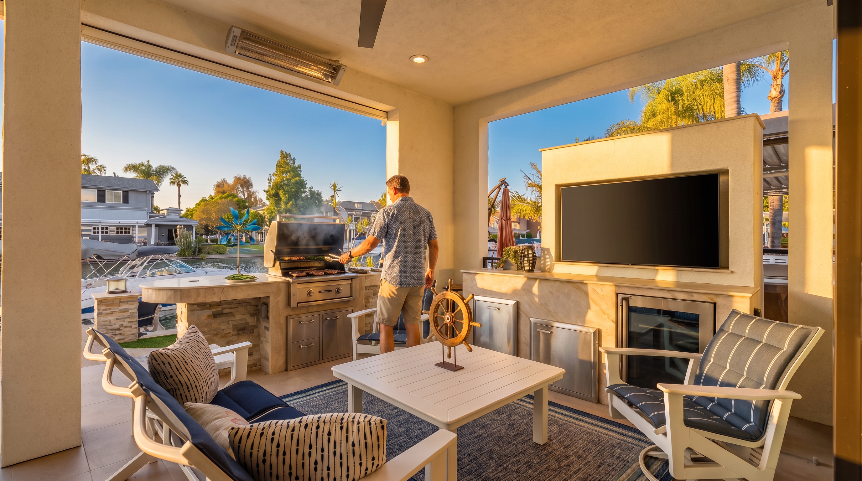 This covered outdoor living space features a built-in kitchen area with a grill, stone-clad counter, and stainless steel appliances, perfect for al fresco dining. A central seating area with a white coffee table and blue-cushioned chairs faces a wall-mounted television, creating an ideal spot for relaxation. The open-air design provides a scenic view of the waterfront and neighboring homes, emphasizing a luxurious, resort-style lifestyle.