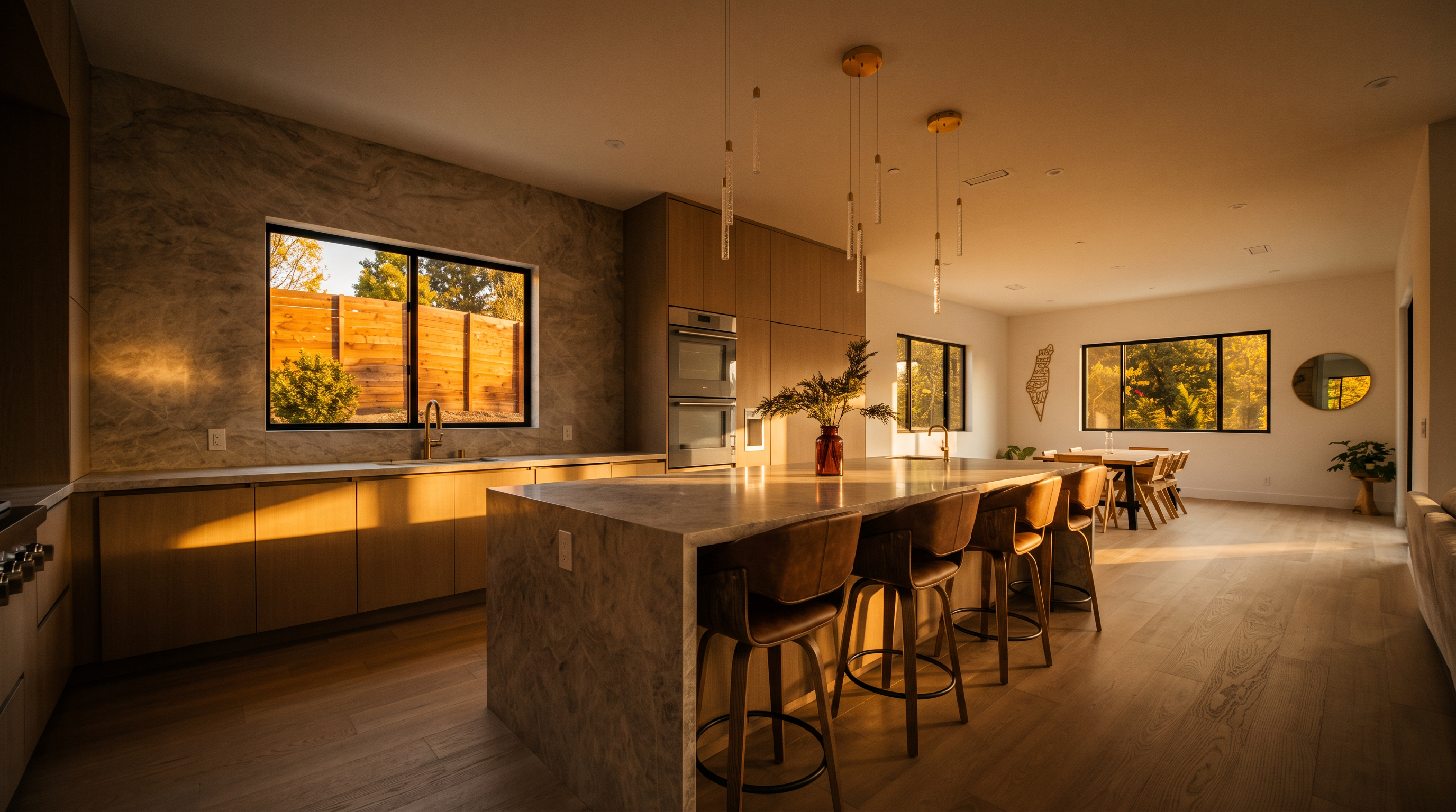 This modern, open-concept kitchen features a large central island with stone countertops and bar seating, complemented by light wood cabinetry and a matching stone backsplash. The space is illuminated by a series of slender, hanging pendant lights and recessed lighting, creating a bright and airy atmosphere. The perspective captures the kitchen flowing seamlessly into a dining area and living space, highlighting the home's spacious and cohesive design.