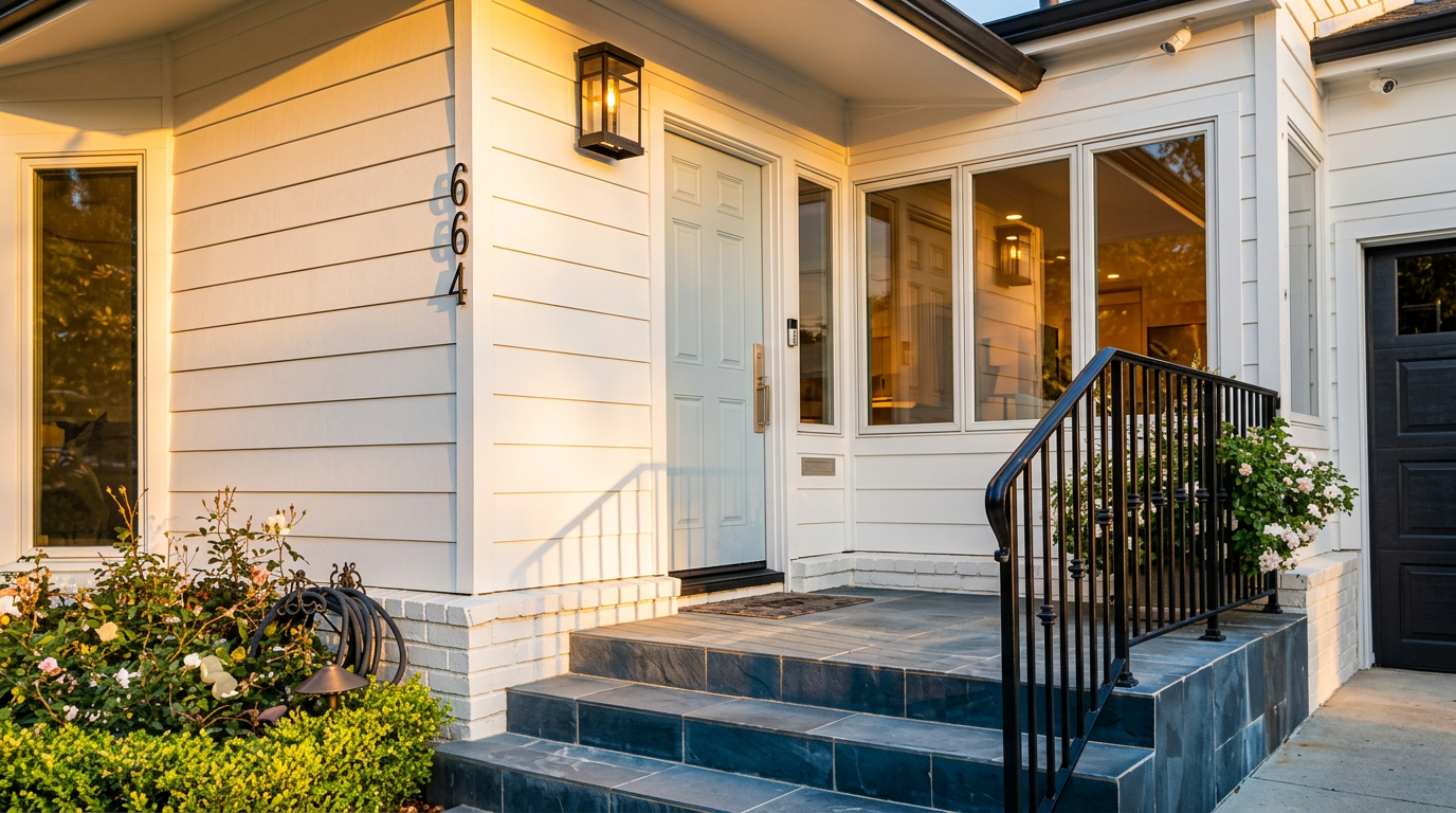 This charming entryway features a light blue front door, modern black light fixtures, and a clean white horizontal siding facade. The house displays a house number '664' and is complemented by a slate-tiled porch with a matching black iron railing, bordered by lush green landscaping and rose bushes. The warm, golden hour lighting creates an inviting and well-maintained curb appeal.