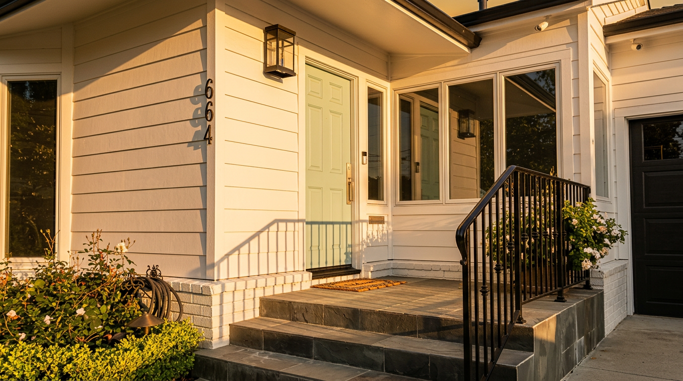 This charming entryway features a subtle, mint-green front door accented by clean white lap siding and dark stone steps with decorative black metal railings. Warm, golden-hour sunlight highlights the well-maintained garden, modern house numbers, and classic wall-mounted lanterns, creating an inviting and well-curated curb appeal.