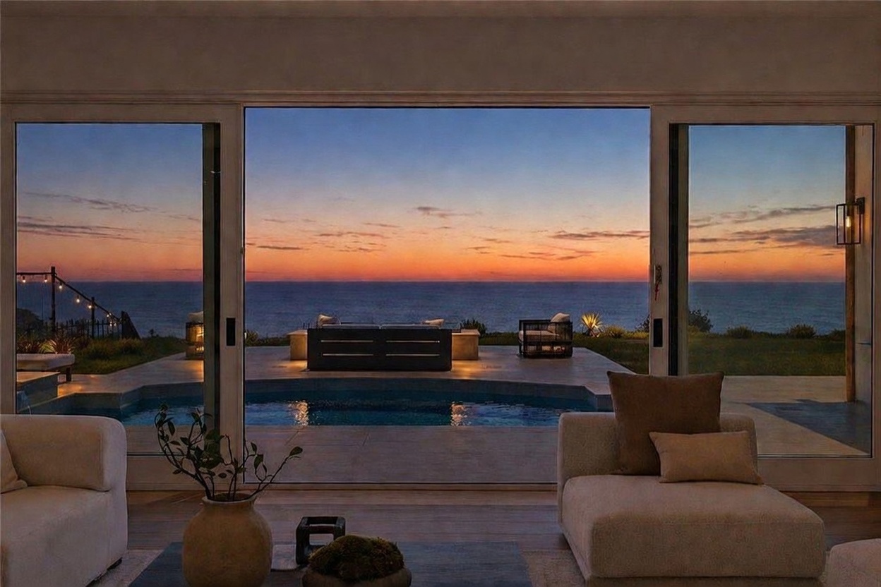 This interior living space offers a seamless transition to the outdoors through expansive, wall-to-wall glass sliding doors that frame a stunning sunset over the ocean. The room is furnished with plush, light-toned seating arranged to face the view, while a minimalist coffee table holds a decorative bowl. Beyond the glass, a private patio features a pool and a modern fire feature, creating a serene and luxurious atmosphere perfect for evening relaxation.