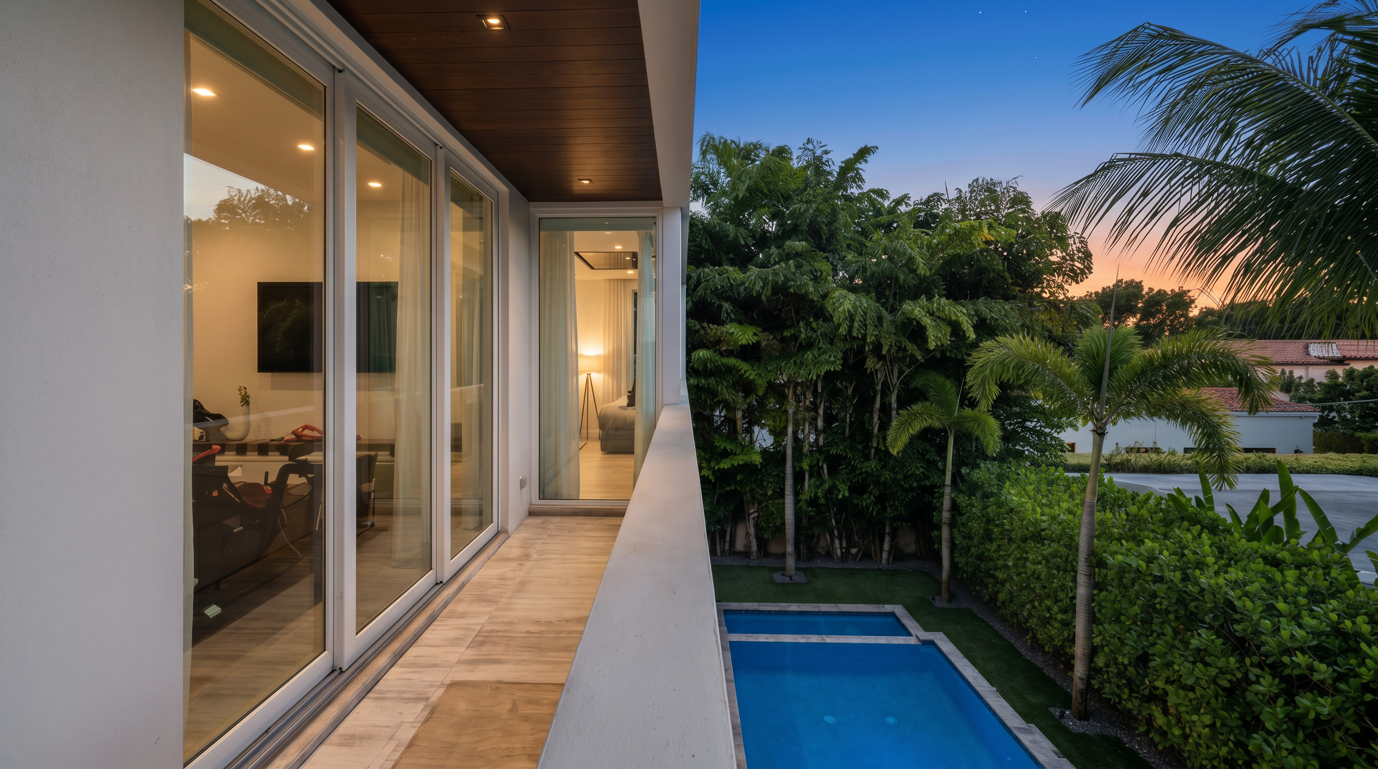 This image captures a sleek, modern balcony overlooking a private backyard and swimming pool. The balcony features light-toned tile flooring and a dark wood-paneled ceiling, providing a sophisticated contrast against the bright blue sky and lush green landscaping. The perspective from the upper level offers a clear view of the pool area below, emphasizing the home's seamless indoor-outdoor living design.