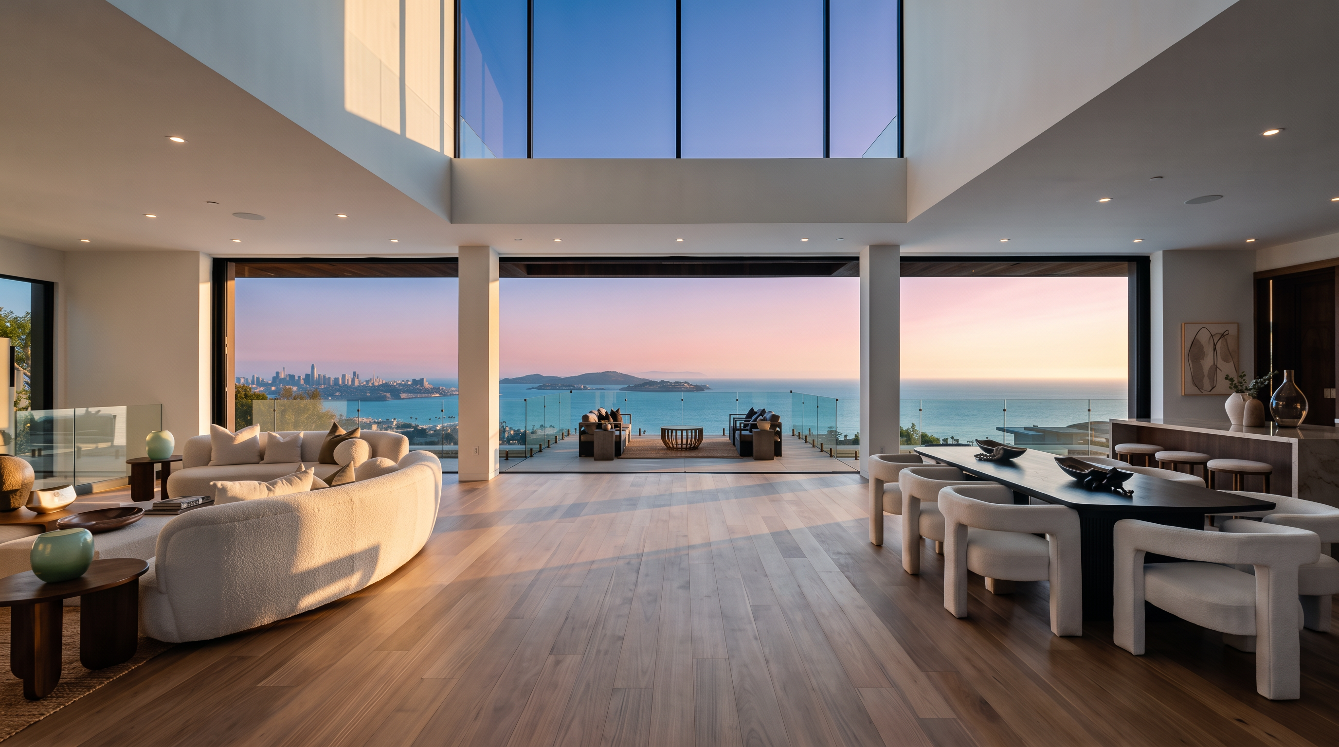 This expansive, open-concept living and dining area features high ceilings and a seamless transition to an outdoor deck through massive glass walls. The space is anchored by a curved, light-colored sofa and a long dining table, all set against a backdrop of panoramic ocean views. The minimalist design emphasizes the light wood flooring and the dramatic, airy atmosphere created by the tall, unobstructed glazing.