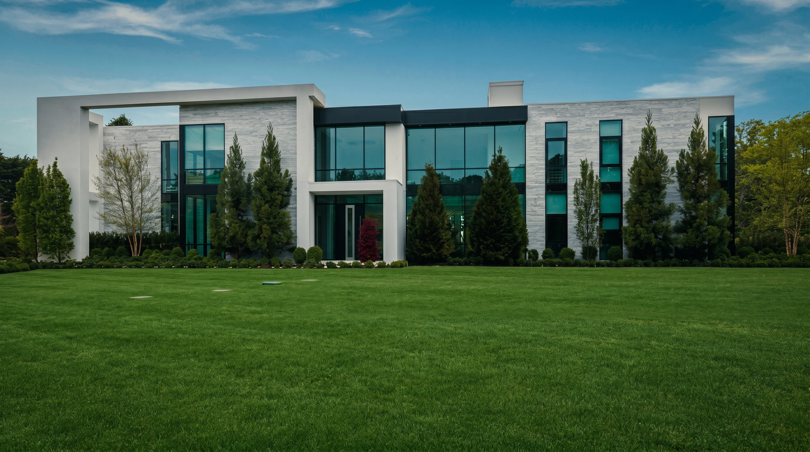 This contemporary luxury residence features a striking architectural design with a mix of light-toned stone cladding and expansive glass panels. The symmetrical facade is framed by a minimalist white structure, set against a vast, manicured green lawn. Several mature evergreen trees are planted along the base of the home, enhancing the clean, modern aesthetic of the property.