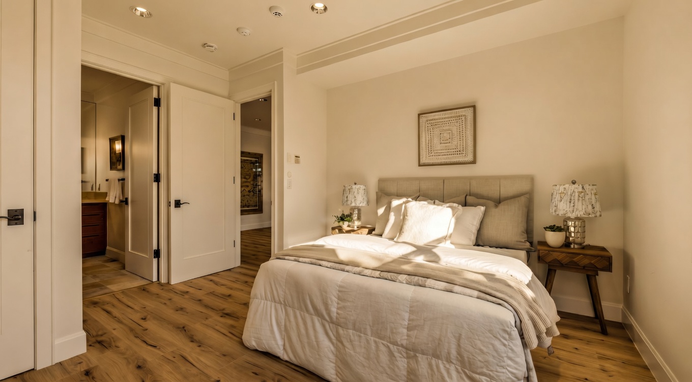 This bright and airy bedroom features light wood-toned flooring and neutral walls, creating a clean and inviting atmosphere. The room is furnished with a plush bed centered against a wall, flanked by two wooden nightstands with patterned lamps. A doorway leads into an adjacent bathroom, while another open doorway provides a view into a hallway, emphasizing the home's open and connected layout.