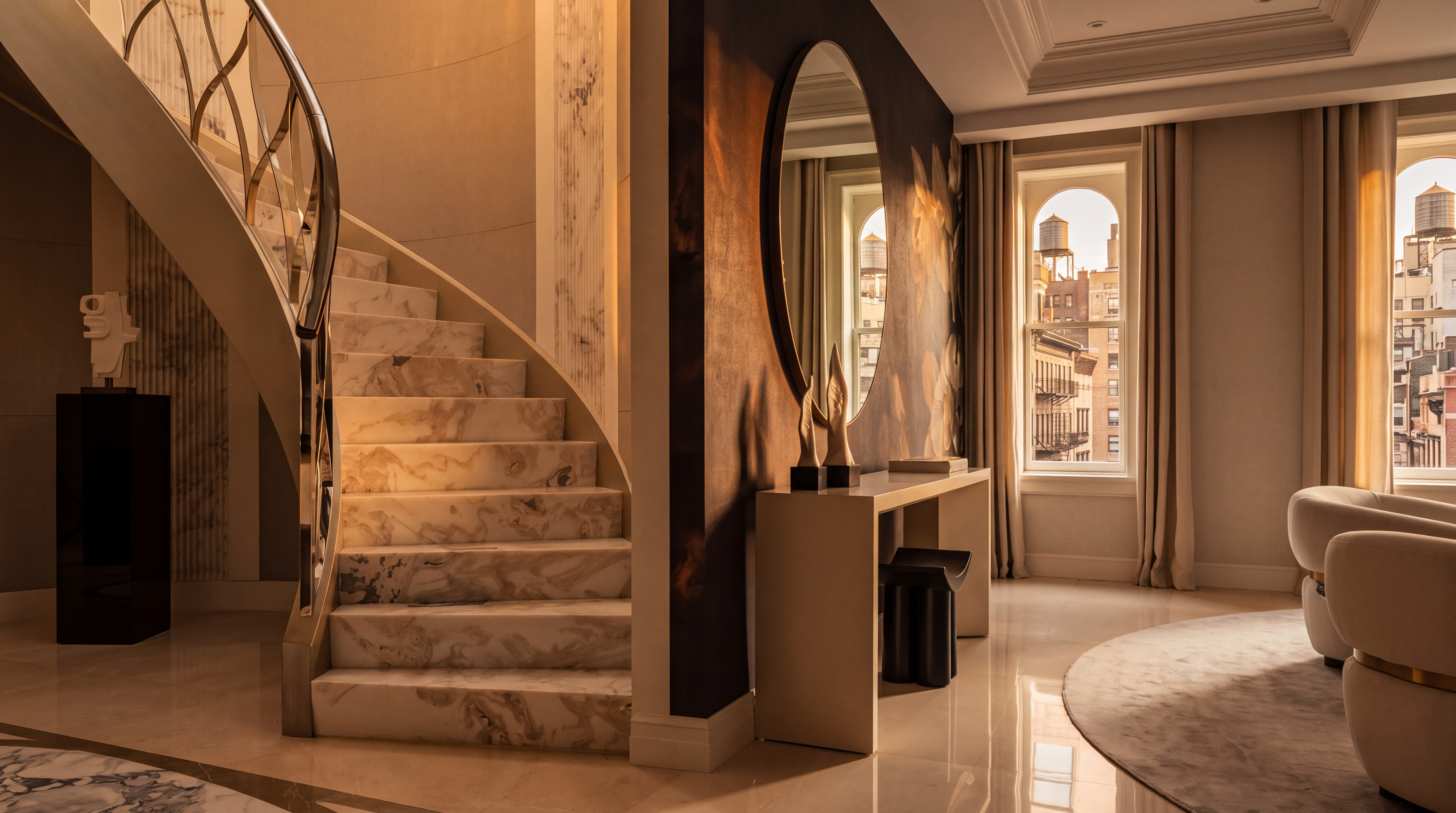 This elegant entryway features a striking curved staircase with stone steps and a polished metal railing. To the right, a sleek console table sits against a dark, textured accent wall beneath a large oval mirror, creating a sophisticated focal point. The space is bright and airy, with light-toned flooring and tall windows draped in neutral curtains that allow natural light to fill the area.