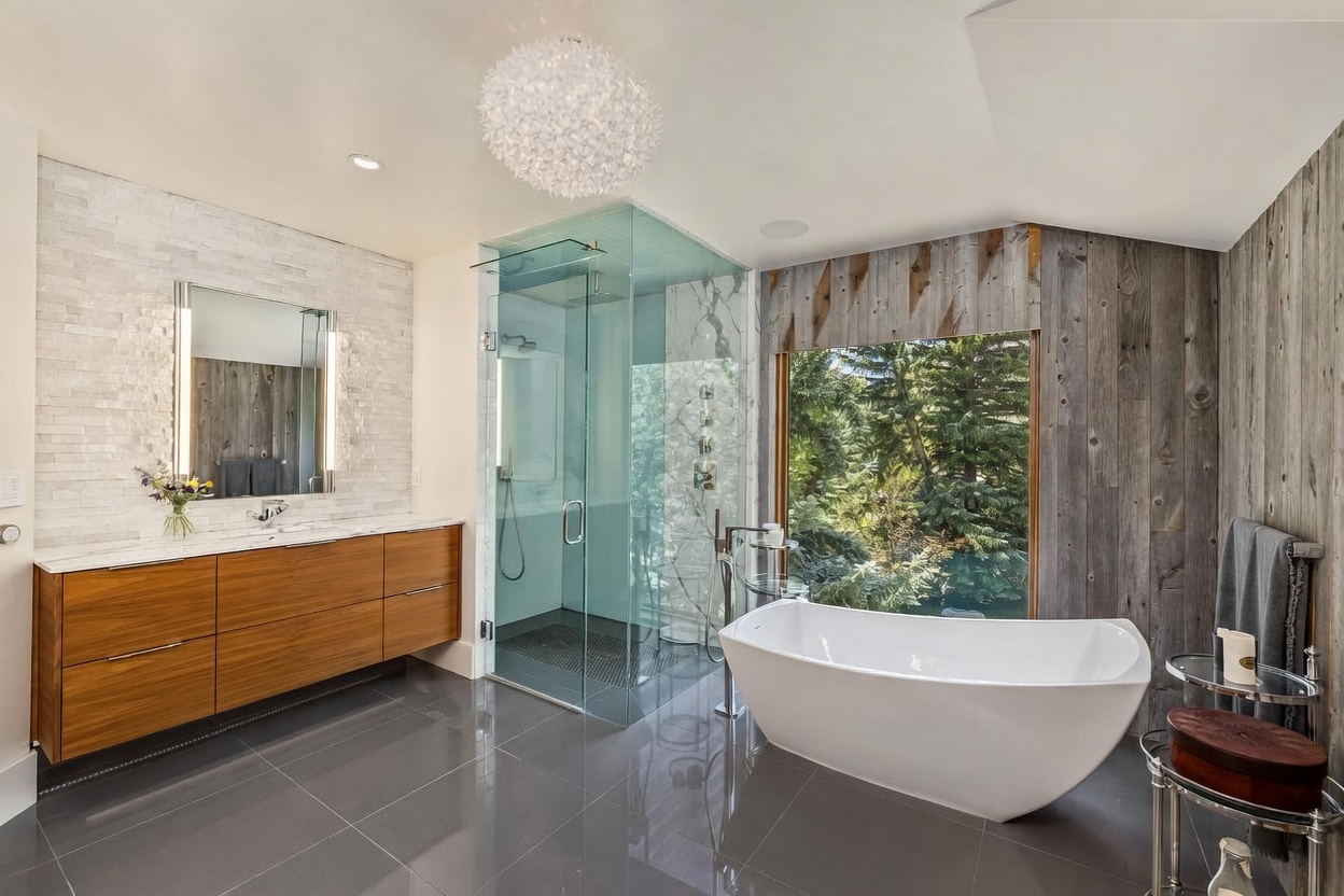 This luxurious primary bathroom features a sleek, floating wood vanity with a stone countertop and a large, illuminated mirror. A glass-enclosed shower with stone tile walls sits adjacent to a freestanding soaking tub positioned in front of a large window that offers a serene view of the surrounding forest. The room is finished with dark, polished tile flooring and rustic wood-paneled walls, creating a sophisticated blend of modern and natural design elements.