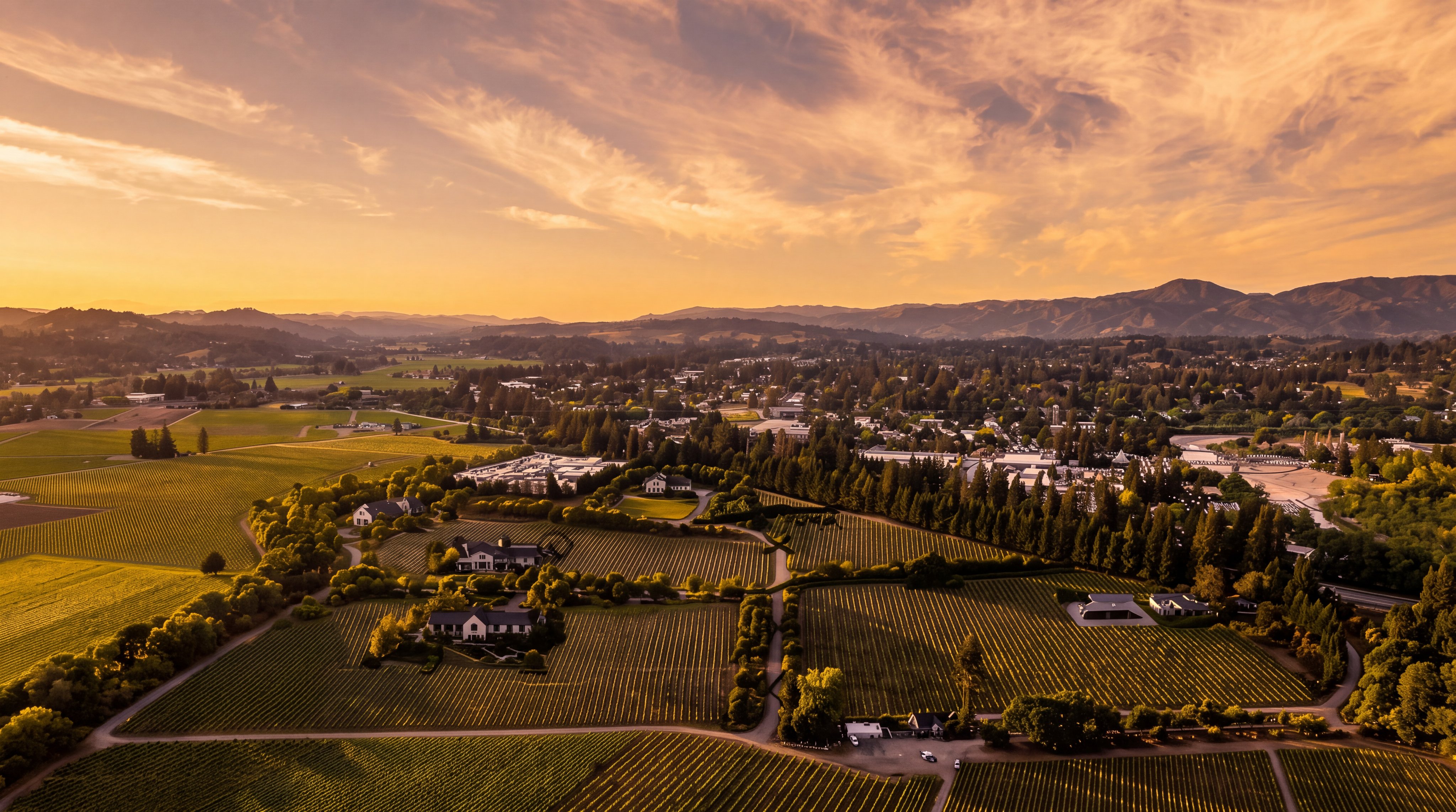 This stunning aerial view captures a sprawling vineyard estate set against a backdrop of rolling hills and a picturesque sunset. The property features well-manicured rows of vines, multiple residential structures, and mature trees, highlighting the serene and expansive nature of the landscape. It represents a prime example of luxury wine country living with a peaceful and scenic atmosphere.