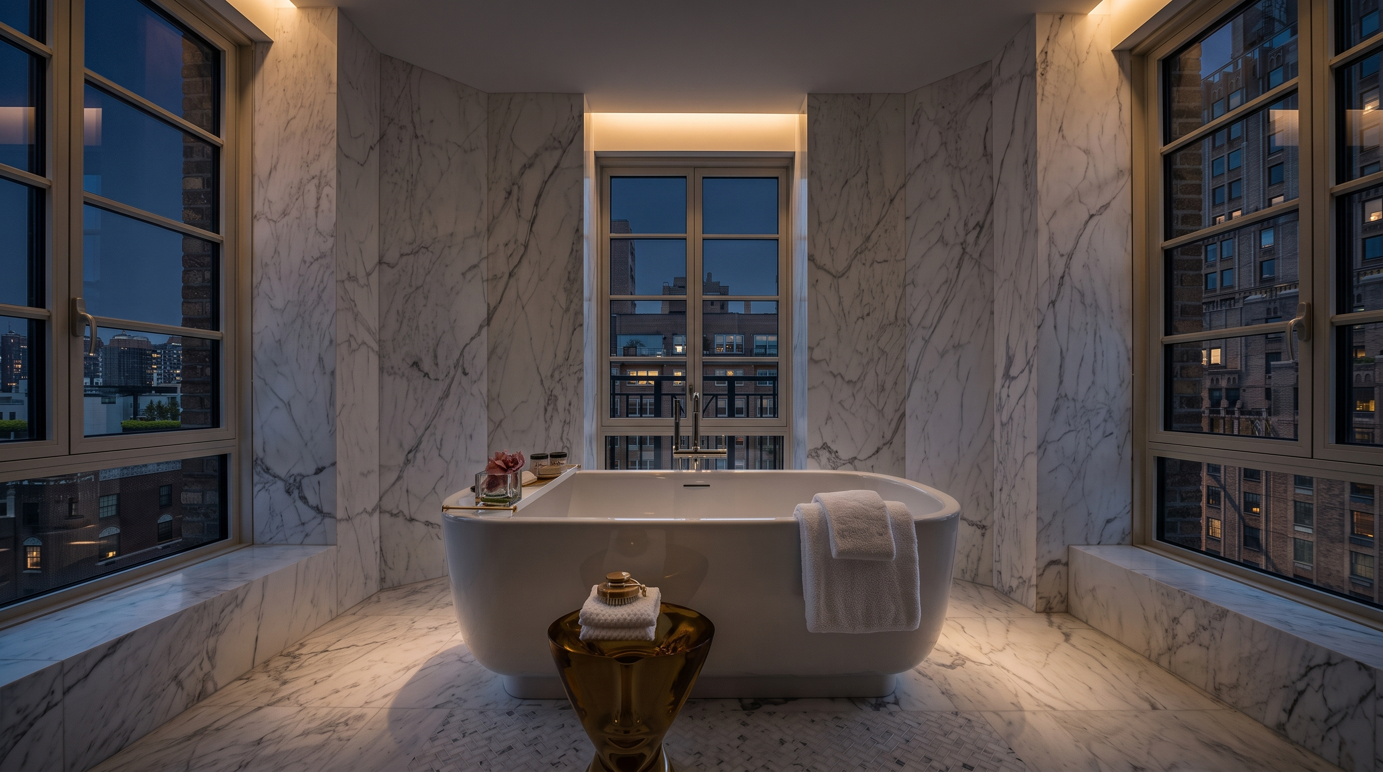 This luxurious primary bathroom features a central freestanding soaking tub positioned in front of a large window, creating a serene focal point. The space is finished with light-toned stone wall cladding and matching flooring, complemented by a metallic gold pedestal table and a plush white towel. The symmetrical layout and expansive windows provide an airy, high-end atmosphere with views of the surrounding cityscape.