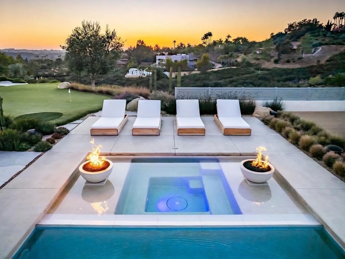 This elevated perspective captures a luxurious outdoor living space featuring a rectangular pool and a central spa flanked by two circular fire bowls. Four modern lounge chairs are arranged on a concrete patio, overlooking a manicured golf course and a scenic hillside landscape at sunset. The scene conveys a high-end, tranquil atmosphere perfect for evening relaxation and entertaining.