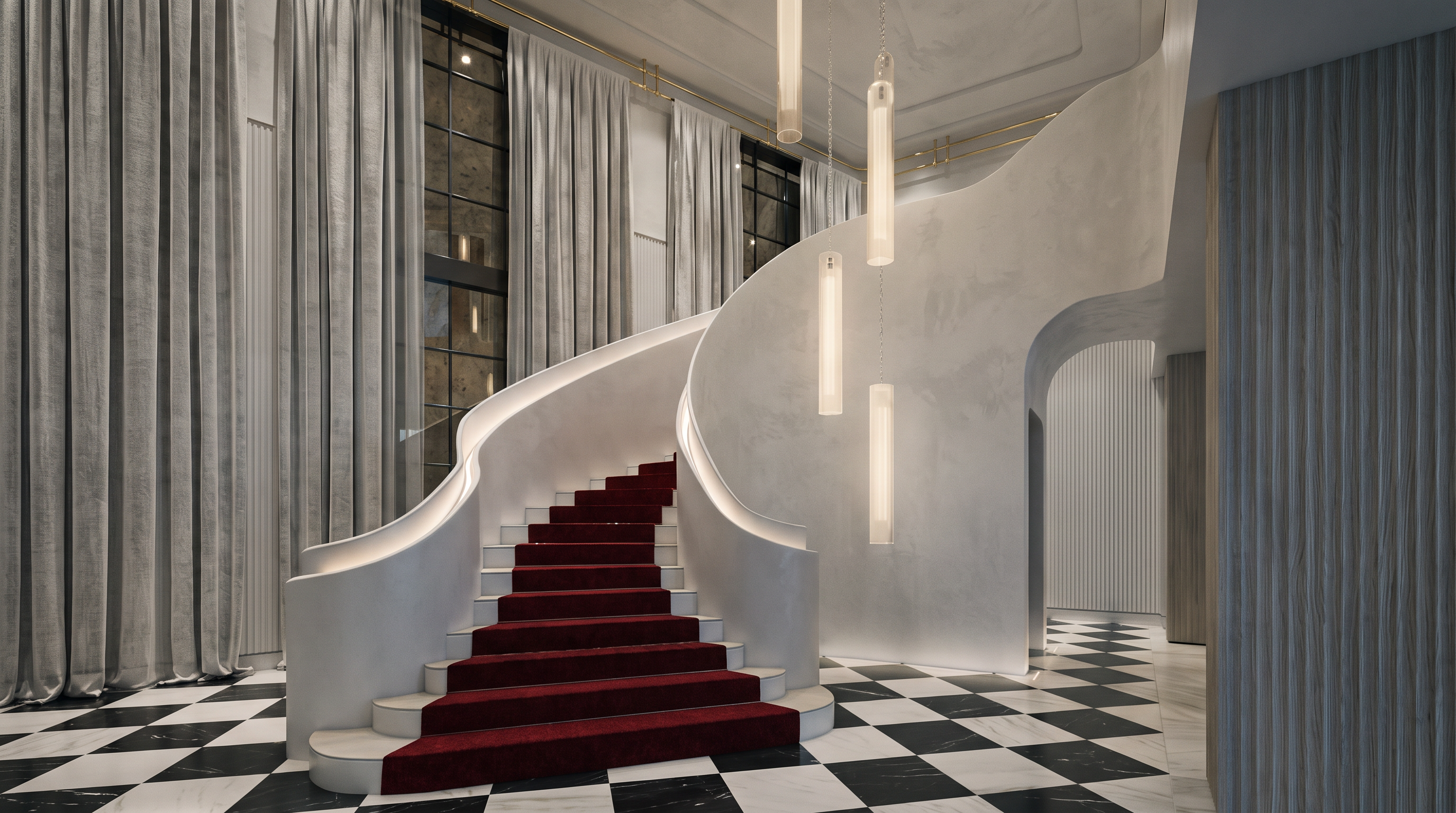 This grand foyer features a dramatic, sweeping curved staircase adorned with a vibrant red runner. The space is defined by a striking black-and-white checkered stone floor and tall windows draped in floor-to-ceiling curtains. A modern, multi-tiered pendant light fixture hangs centrally, casting a warm glow over the elegant, minimalist architectural design.