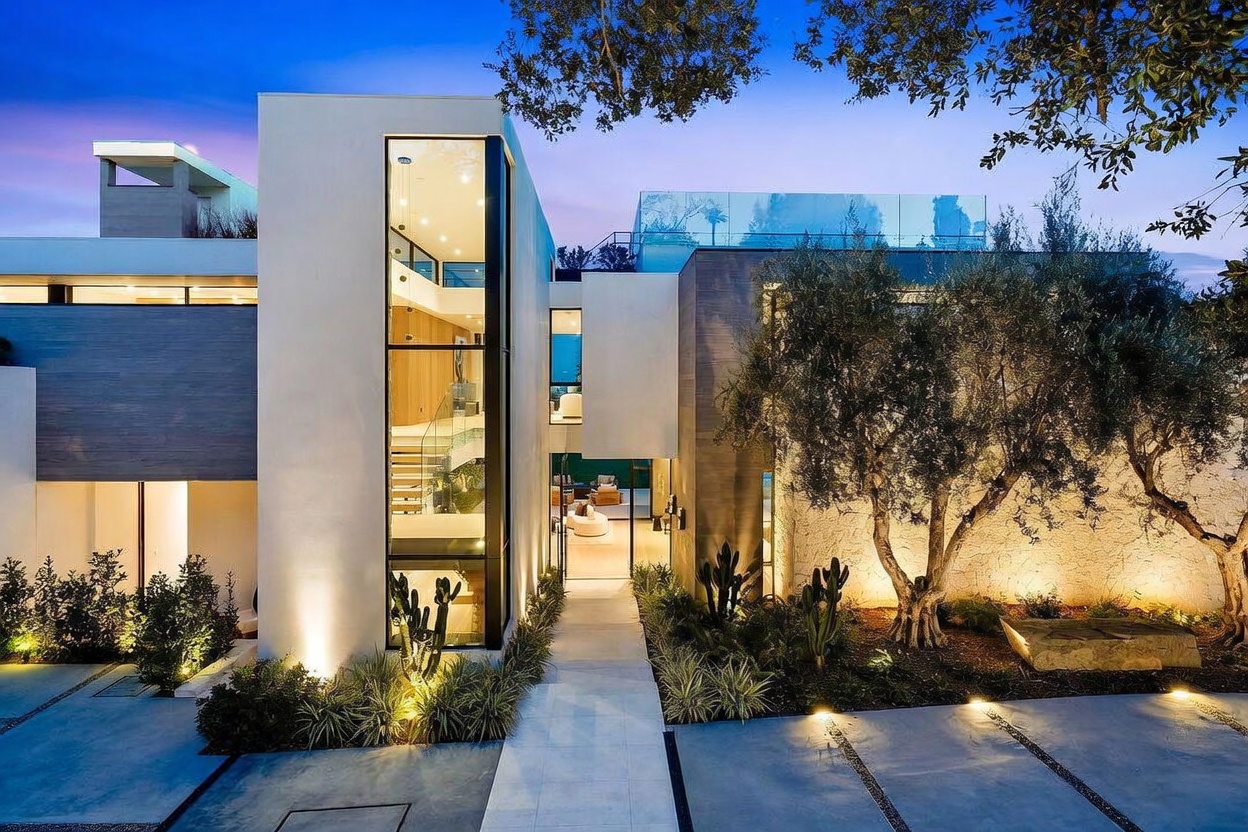 This striking modern residence features a dramatic architectural design with a prominent vertical glass tower that illuminates the interior staircase. The exterior combines smooth white surfaces with warm-toned wood paneling and a textured stone wall, complemented by a mature olive tree and manicured landscaping. A central stone walkway leads to the main entrance, creating a welcoming and sophisticated approach to this contemporary home.