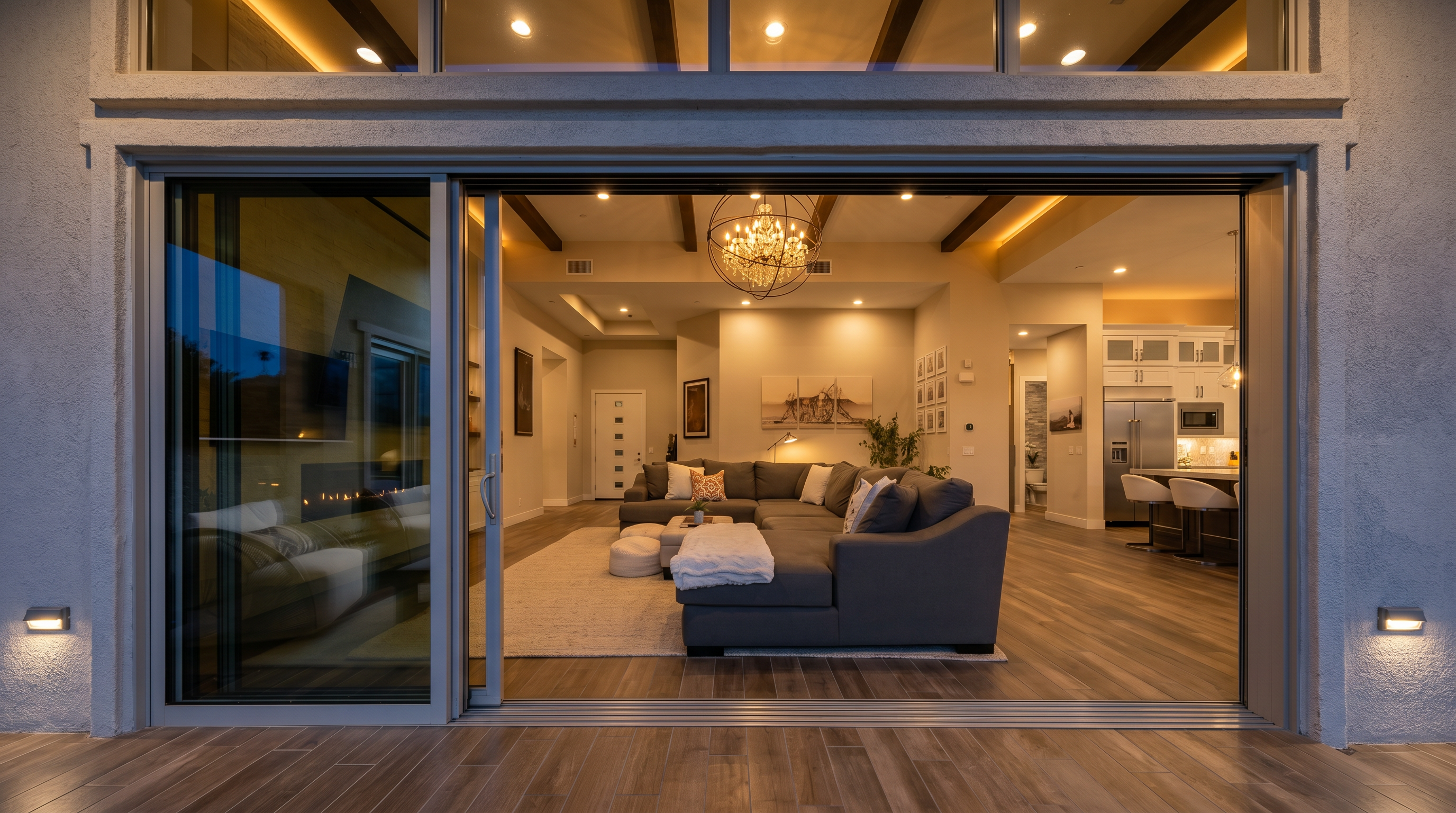 This image is captured from a covered patio looking through a large sliding glass door into an open-concept living area. The interior features a spacious gray sectional sofa, a light-colored area rug, and a modern chandelier hanging from a ceiling with exposed beams. The seamless transition between the outdoor patio and the indoor living space creates an airy, expansive feel, highlighting the home's contemporary design and indoor-outdoor flow.