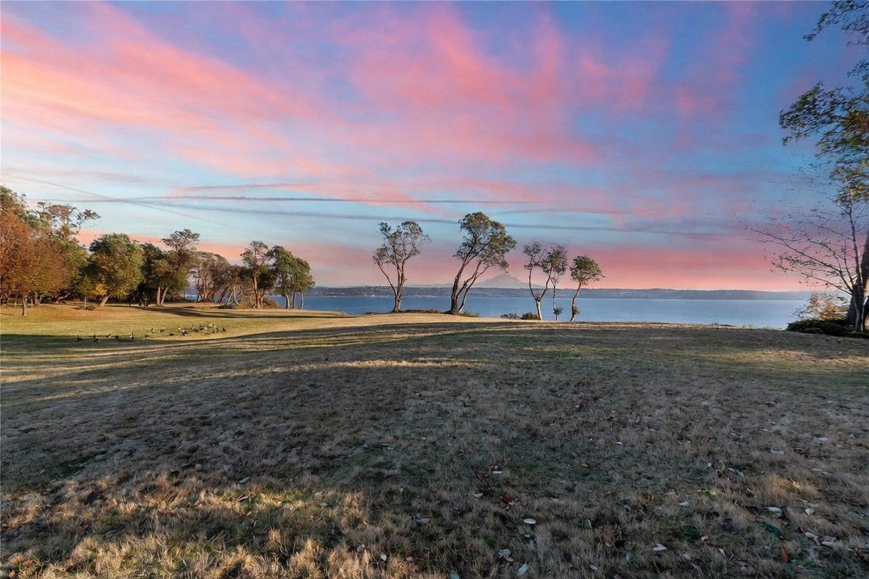 This expansive, grassy backyard offers a serene, elevated view overlooking a calm body of water with a distant mountain peak on the horizon. The scene is captured during a vibrant sunset, with soft pink and orange hues painting the sky above a line of mature trees. A small flock of geese is visible on the lawn, enhancing the peaceful, natural atmosphere of this waterfront property.