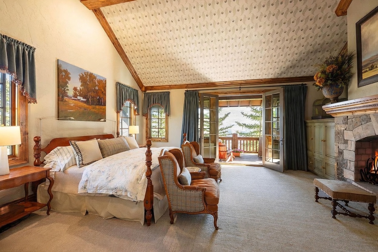 This spacious primary bedroom features a vaulted ceiling with patterned wallpaper and exposed wood beams, creating a warm, rustic atmosphere. A large bed with a wooden frame sits centrally, flanked by two armchairs and a stone-clad chimney breast with a burning fireplace. French doors open onto a private balcony, offering a scenic view of the surrounding landscape and bringing in abundant natural light.