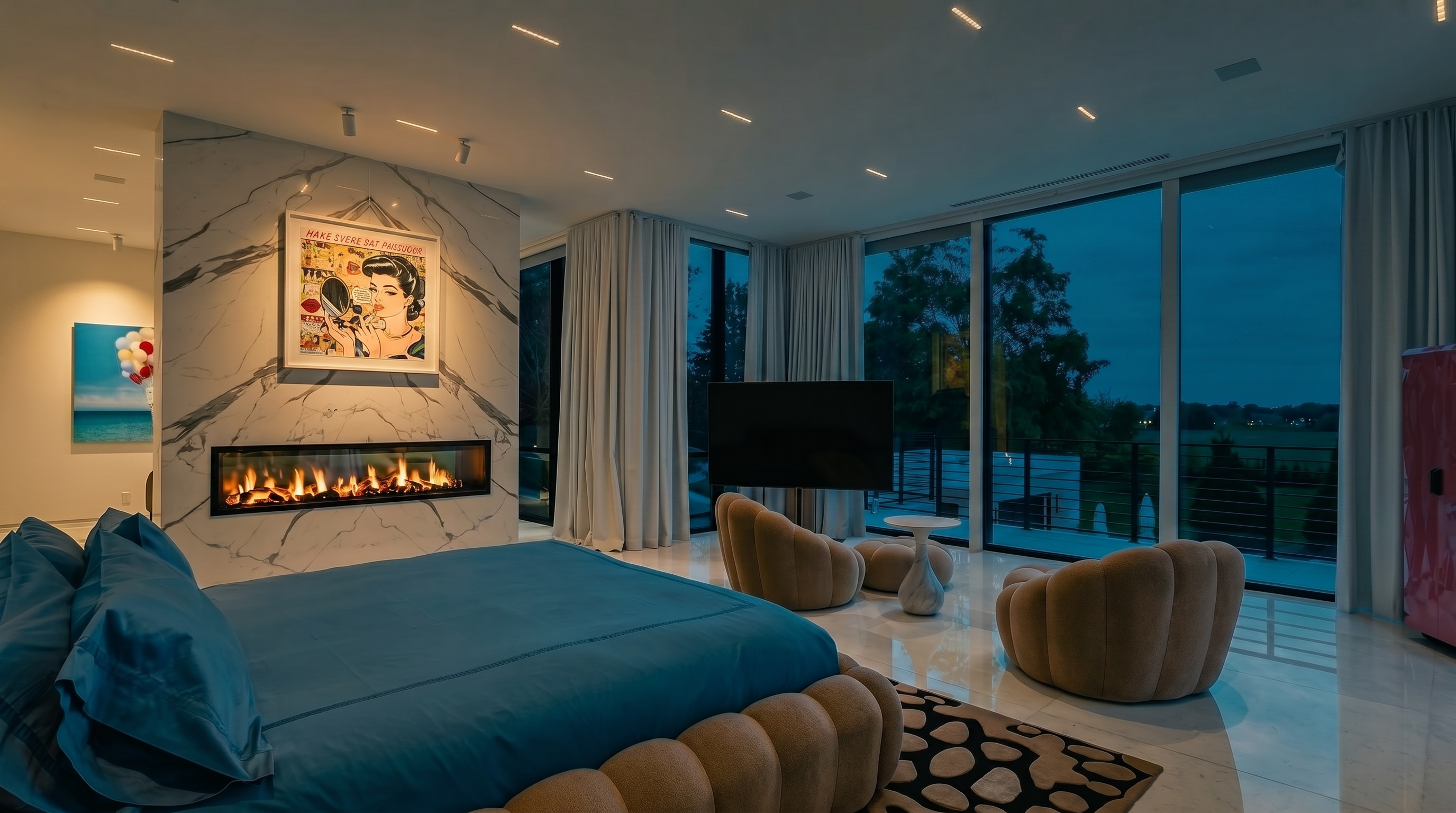 This luxurious primary bedroom features a modern aesthetic with a large bed upholstered in a textured, rounded frame and a vibrant blue bedding set. A striking stone-clad chimney breast serves as a focal point, housing a linear fireplace and a pop-art style framed print above it. The room is bathed in natural light from expansive floor-to-ceiling windows that offer a panoramic view of the lush green landscape outside, while two curved, shell-shaped chairs provide a sophisticated seating area.
