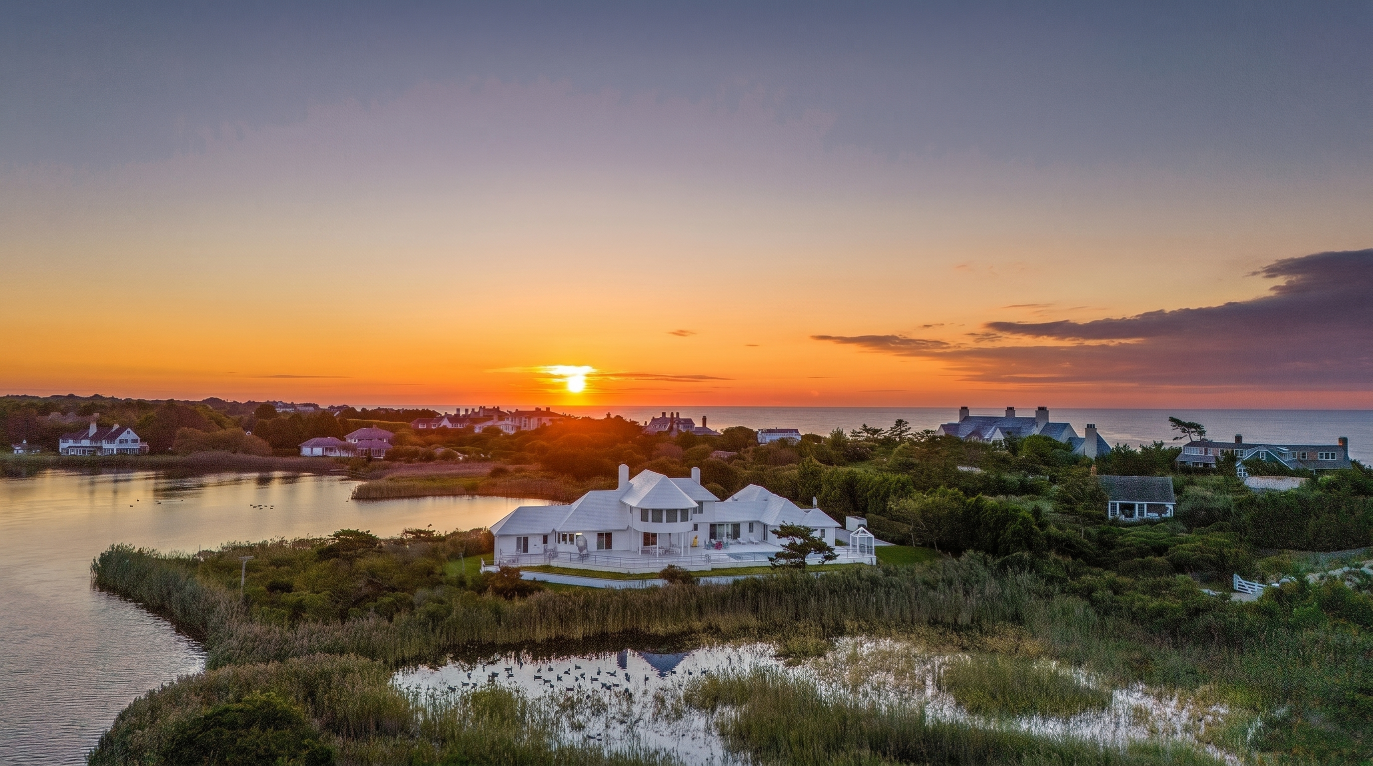 This stunning aerial perspective captures a white coastal residence nestled between a tranquil pond and lush greenery at sunset. The property features a multi-gabled roofline and a private pool area, set against a backdrop of a vibrant orange and yellow horizon over the ocean. The expansive landscape highlights the home's secluded waterfront location and serene, natural surroundings.