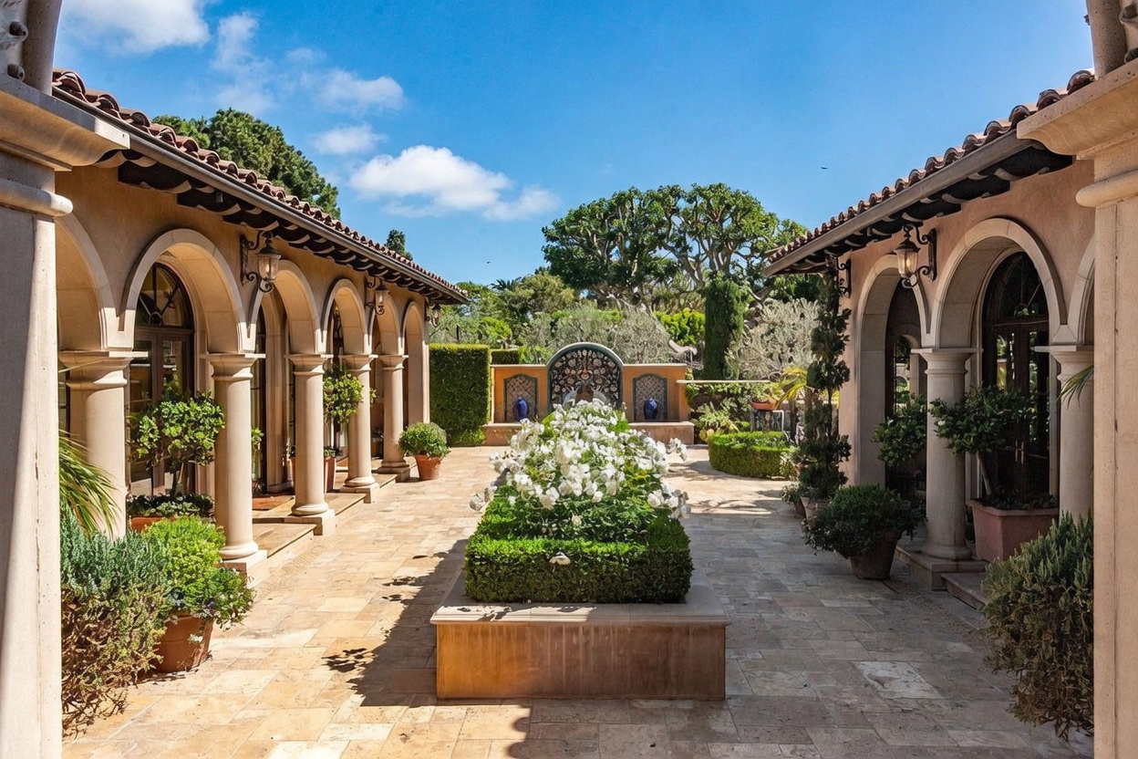 This elegant Mediterranean-style courtyard features a central stone planter filled with white roses, surrounded by a paved stone patio. The space is framed by covered walkways with arched openings and columns on both sides, leading toward a decorative wall fountain at the far end. The scene is bathed in bright, natural sunlight, creating a serene and sophisticated outdoor living area.