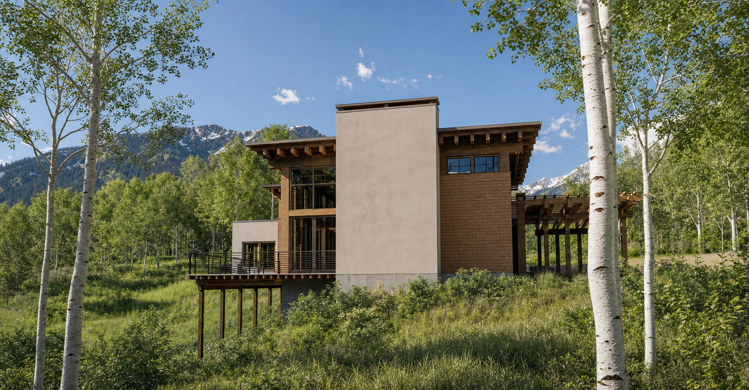 This architectural rendering showcases a modern mountain residence set against a backdrop of lush trees and distant peaks. The structure features a prominent, light-colored central chimney breast flanked by wood-paneled siding, large windows, and a spacious elevated deck with a metal railing. A pergola structure extends from the side, creating a shaded outdoor area that integrates seamlessly with the natural, sloped landscape.