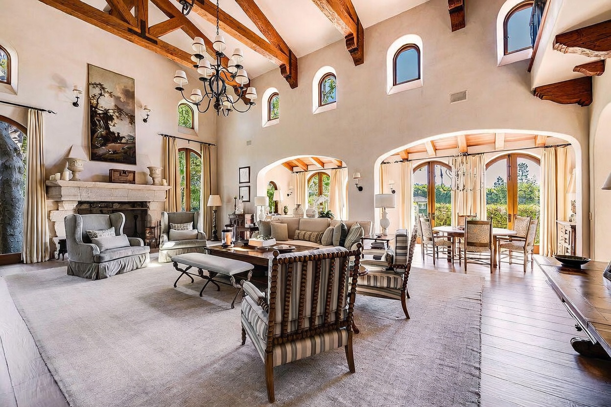 This expansive living room features a dramatic vaulted ceiling with exposed wooden beams and a large, ornate iron chandelier. A stone fireplace with a substantial mantel serves as a focal point, complemented by a neutral color palette and elegant, traditional furnishings. The room flows seamlessly into an adjacent dining area through wide, arched openings, creating an open and airy atmosphere filled with natural light from multiple arched windows.