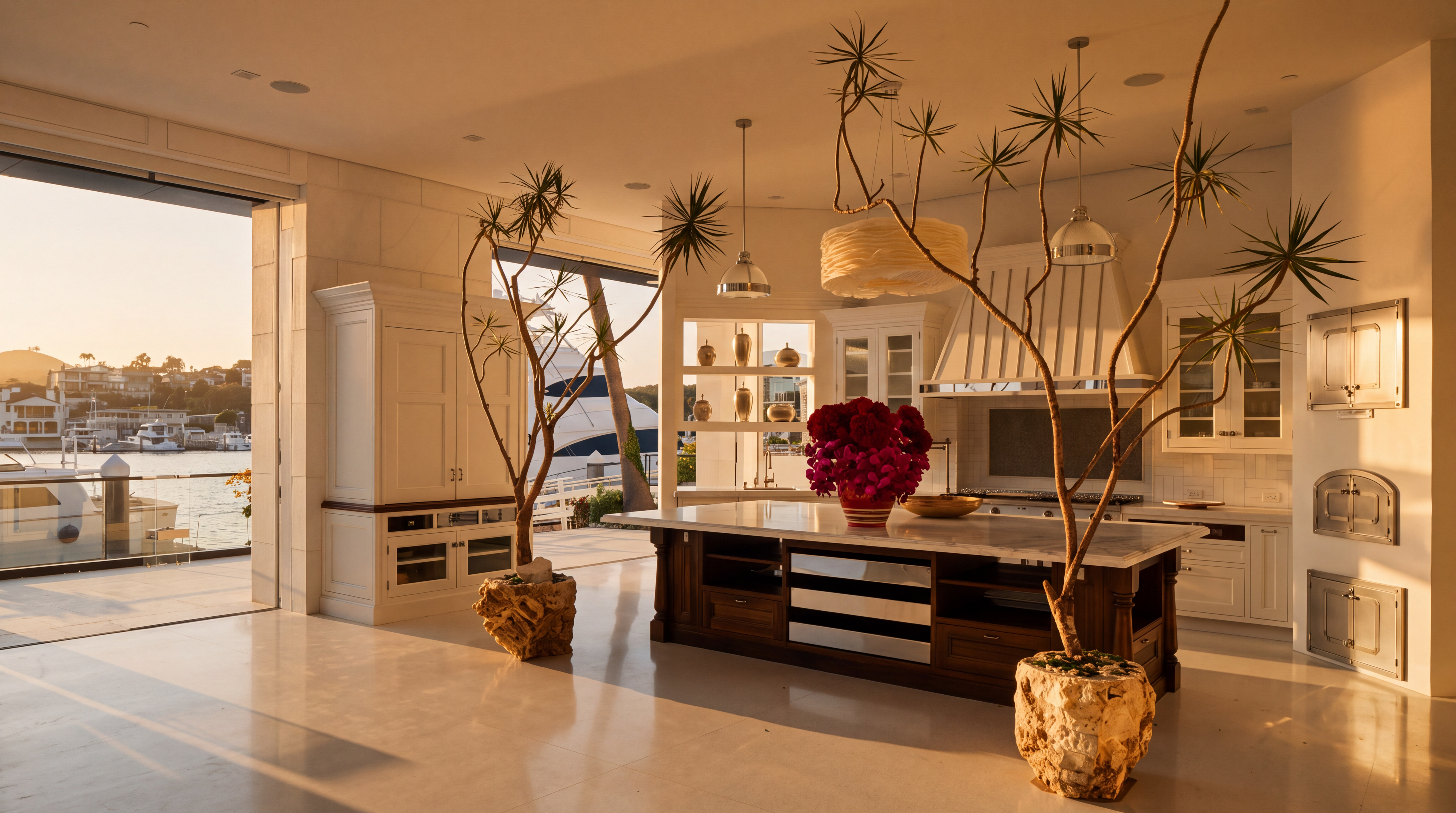 This expansive, high-end kitchen features a large central island with a stone countertop and dark wood cabinetry, accented by two prominent potted trees that frame the space. The room is bathed in natural light from large glass doors that open directly to a waterfront view, creating a seamless indoor-outdoor transition. The design is sophisticated and airy, highlighted by white cabinetry, a custom range hood, and a vibrant floral centerpiece on the island.