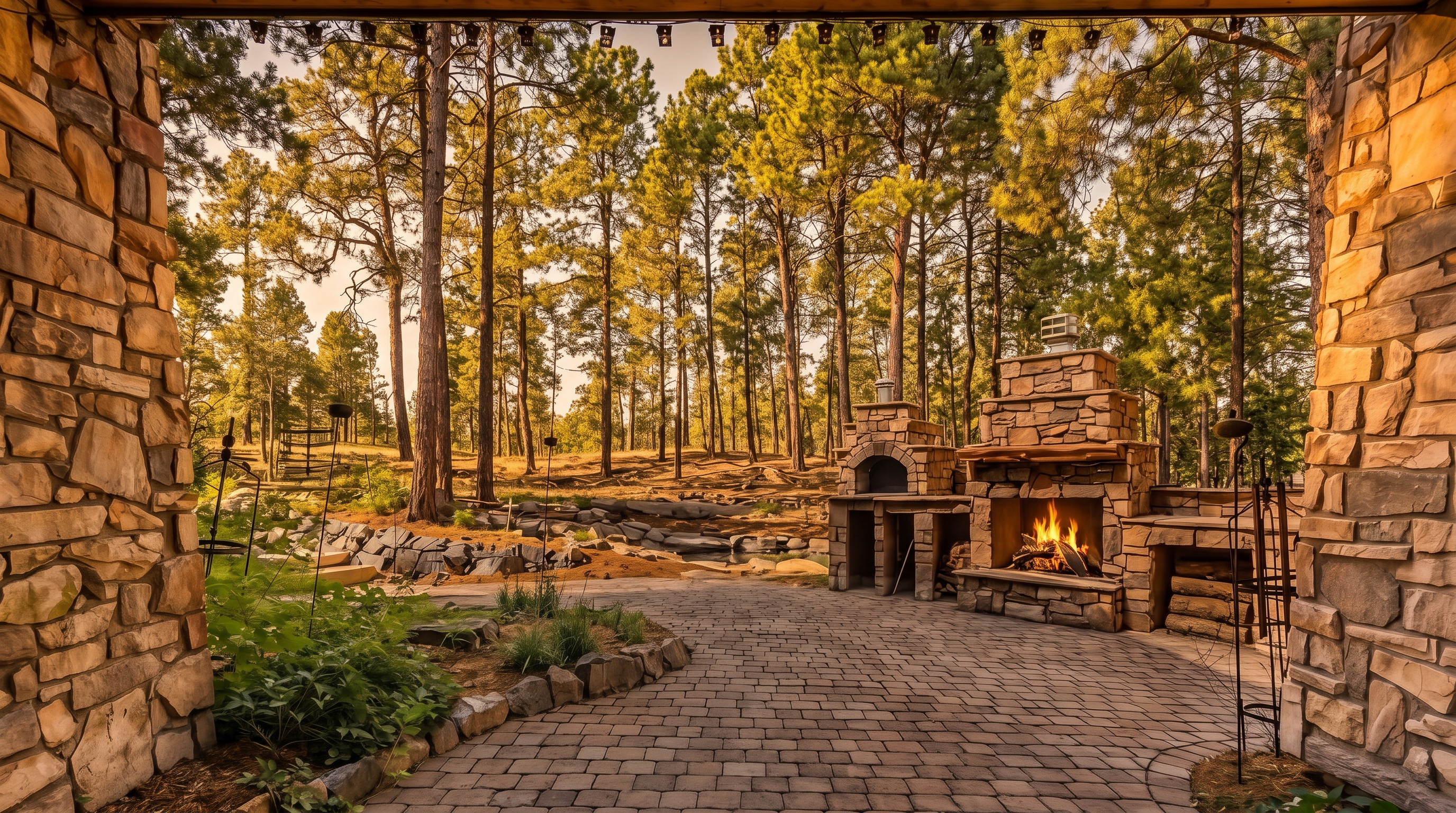 This expansive outdoor living space features a stone-paved patio framed by rustic stone pillars, creating a sheltered transition to the natural landscape. The area is anchored by a substantial stone-clad fireplace and an integrated outdoor oven, perfect for al fresco dining and entertaining. Beyond the patio, a lush forest of tall pine trees provides a serene, private backdrop, enhancing the tranquil and secluded atmosphere of the property.