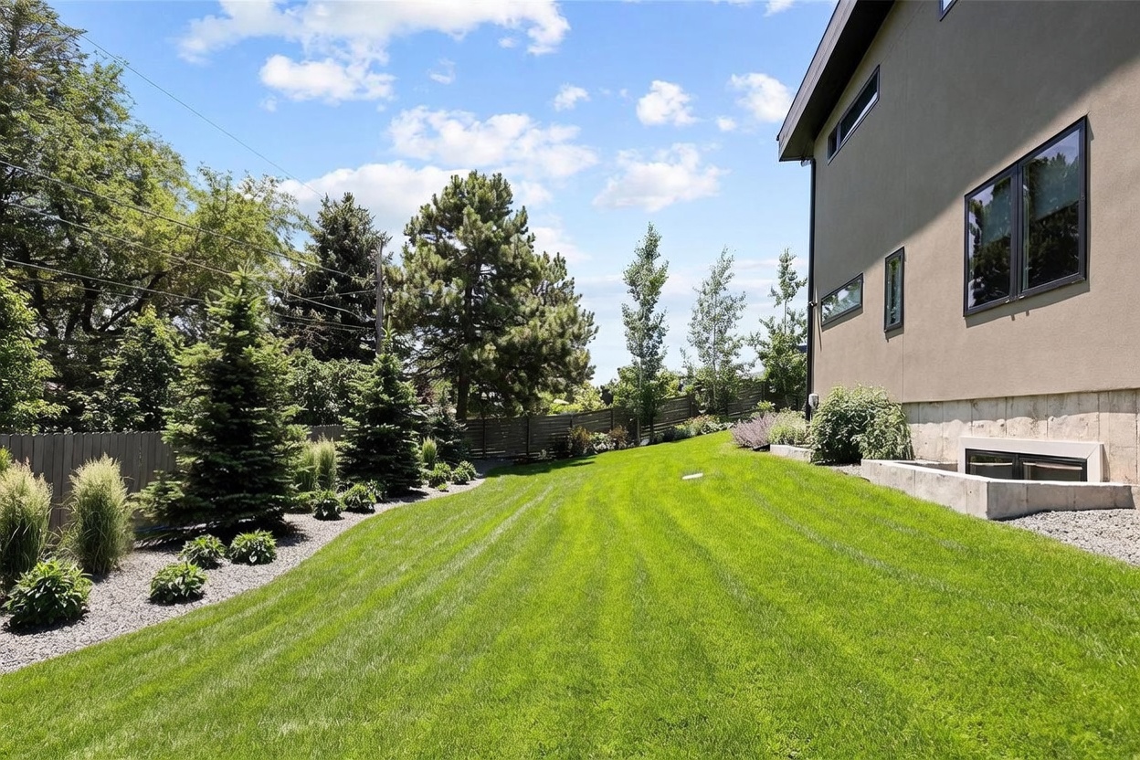 This image captures a well-manicured side yard featuring a lush green lawn that slopes gently away from the house. A concrete window well is visible at the base of the modern, neutral-toned exterior wall, which is accented by tall, slender trees and a privacy fence along the perimeter. The perspective is from the ground level, looking across the lawn toward the rear of the property under a bright, partly cloudy sky.
