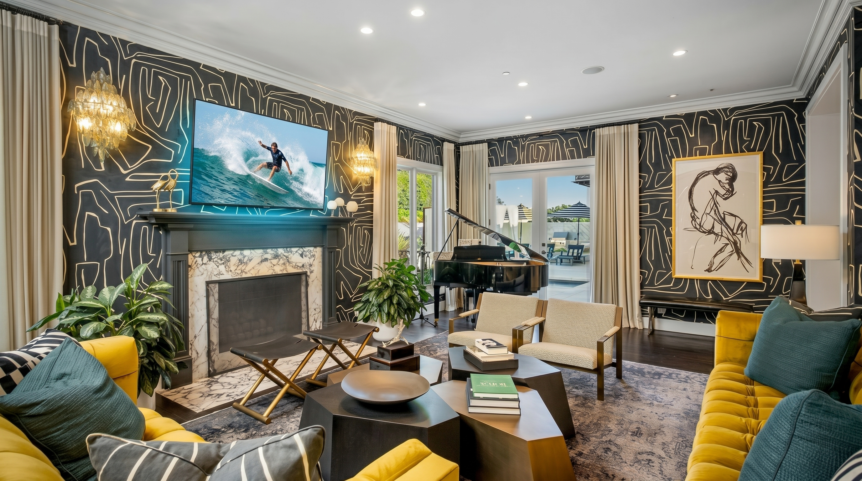 This sophisticated living room features bold, graphic black-and-white wallpaper and a central fireplace with a stone surround and dark mantel. The space is furnished with vibrant yellow velvet sofas, geometric coffee tables, and two light-toned armchairs, all arranged on a textured area rug. A grand piano sits near the glass doors that lead to the outdoor area, creating an elegant and artistic atmosphere.