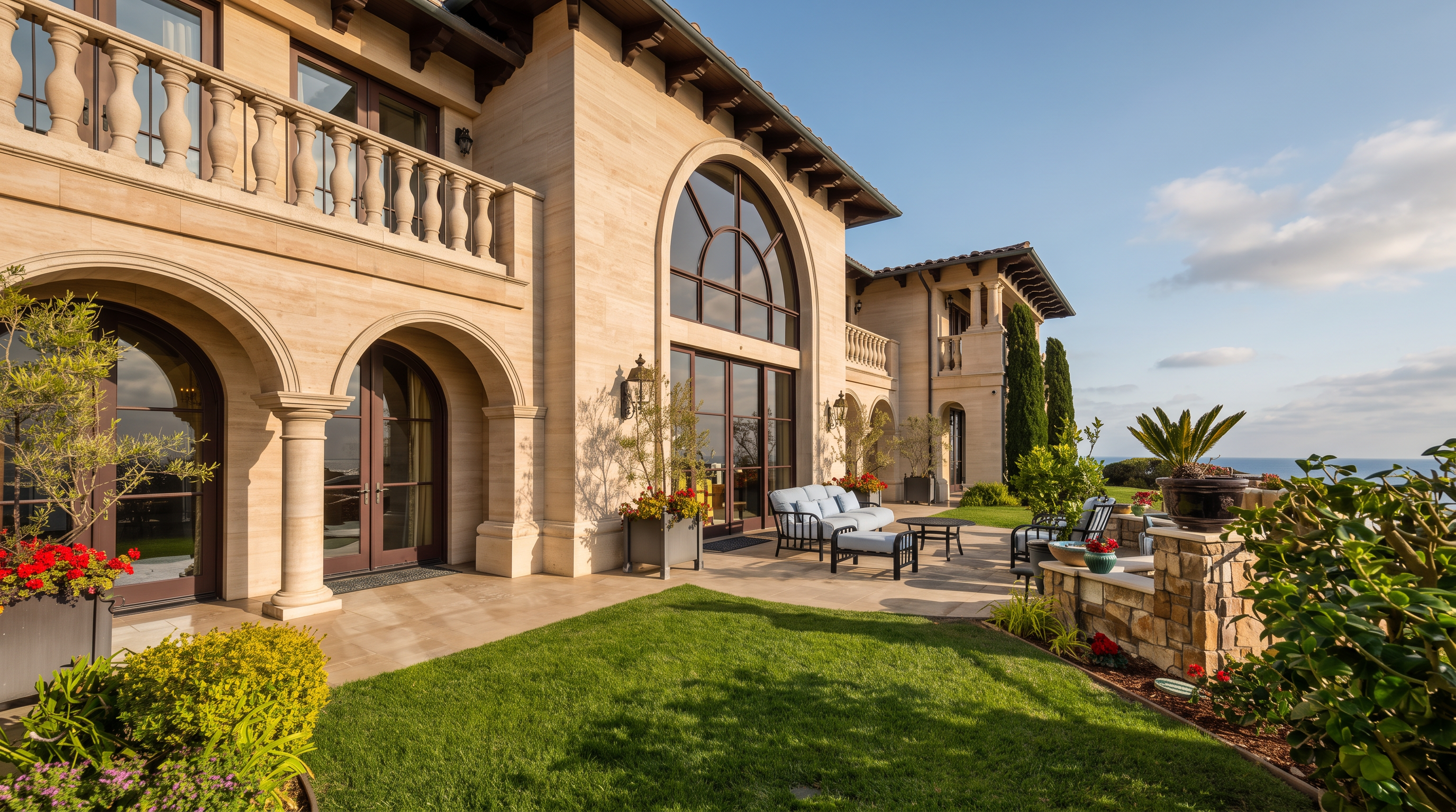 This elegant Mediterranean-style estate features a sprawling stone-clad exterior with arched doorways and a prominent, multi-story arched window. A manicured lawn leads to a stone-paved patio furnished with outdoor seating, offering a serene space for relaxation. The property boasts an expansive view of the ocean in the distance, emphasizing its luxurious coastal setting.