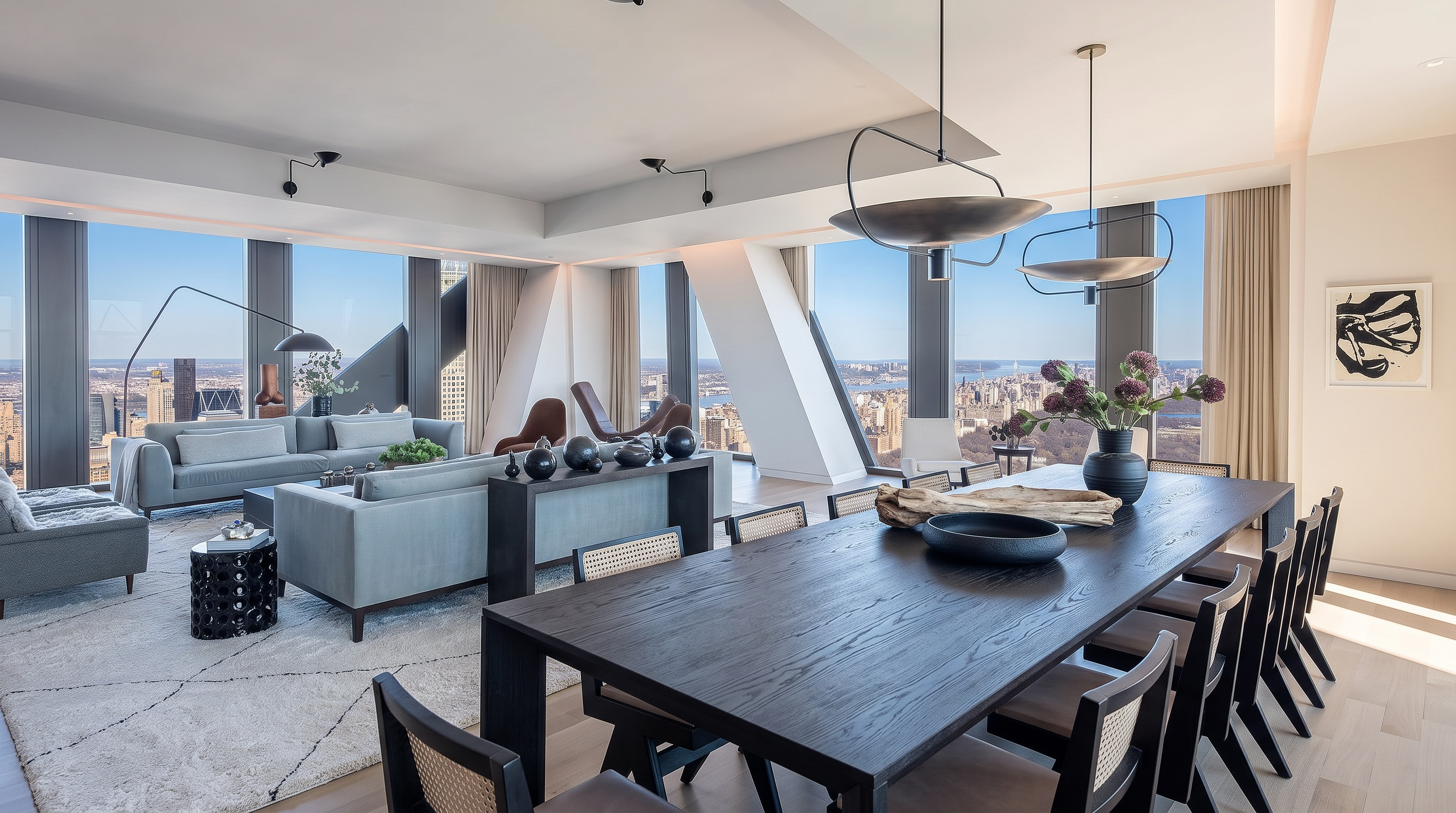 This luxurious, open-concept living and dining area features floor-to-ceiling windows that provide panoramic views of the city skyline. The space is anchored by a contemporary dark wood dining set and a sophisticated light grey sectional sofa, complemented by minimalist decor and sculptural light fixtures. The combination of high-end finishes, neutral tones, and stunning natural light creates an atmosphere of modern elegance and urban refinement.