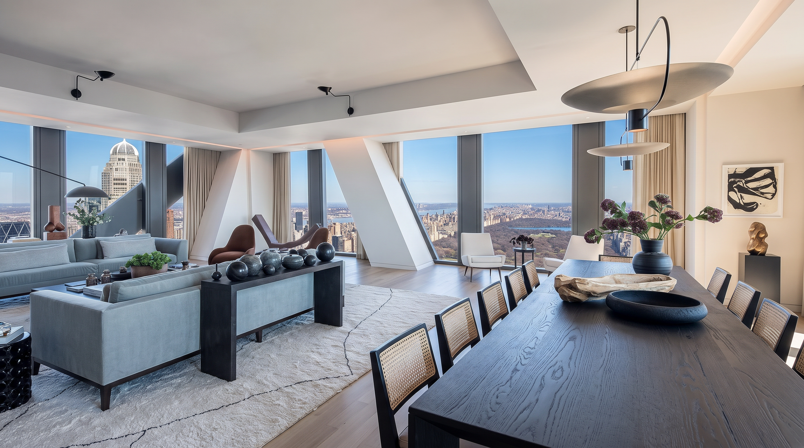 This sophisticated, open-concept living and dining space defines luxury with its high-end contemporary design and panoramic views of New York City and Central Park. The room features a plush, neutral-toned sofa, an elegant dark wood dining set with cane-back chairs, and striking sculptural accents. The seamless blend of custom architectural details, light-filled interiors, and premium finishes creates a refined atmosphere suitable for high-end urban living.