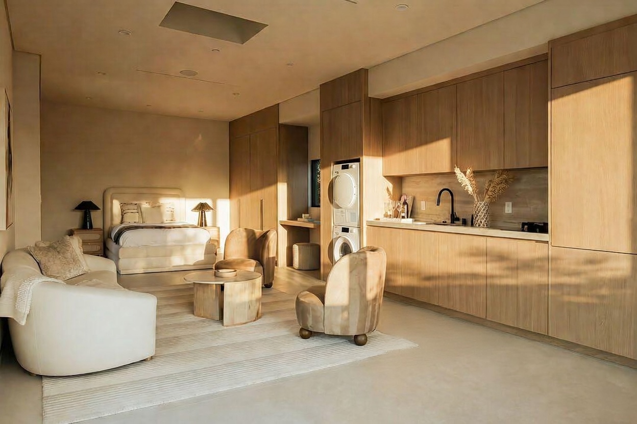 This spacious primary bedroom features a contemporary open-concept design that integrates a sleeping area, a lounge space, and a kitchenette. The room is finished with light wood cabinetry, neutral-toned furniture, and soft ambient lighting that creates a warm, inviting atmosphere. A stacked washer and dryer unit is seamlessly built into the cabinetry, highlighting the functional and modern layout of this multi-purpose suite.