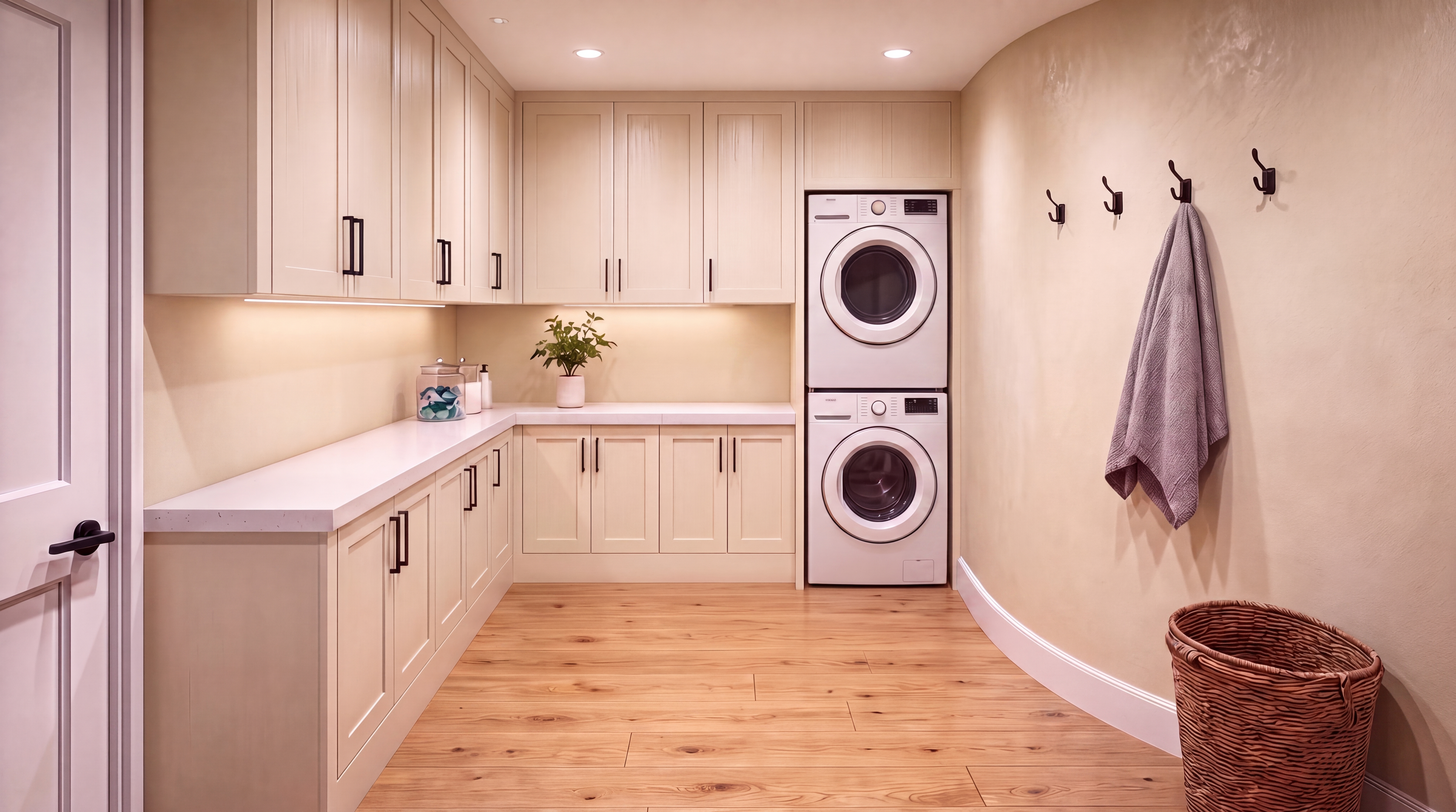 This sleek and modern laundry room features custom cabinetry in a neutral light grey, providing ample storage and a built-in stackable washer and dryer. The space is accented by warm wood-toned open shelving for shoes, under-cabinet task lighting, and a charming woven laundry basket, creating a clean and functional entryway-laundry hybrid. The design seamlessly blends aesthetic appeal with practical utility, making it an inviting area for daily chores.