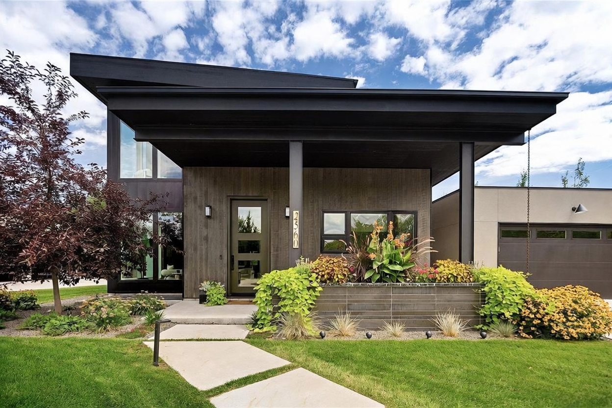 This modern, single-story home features a striking architectural design with a flat, overhanging roofline and a mix of dark wood-toned siding and smooth, neutral-toned panels. A concrete walkway leads to the front entrance, which is framed by a covered porch and a raised garden bed filled with lush, colorful landscaping. The home's contemporary aesthetic is complemented by large windows and a clean, minimalist approach to its exterior facade.