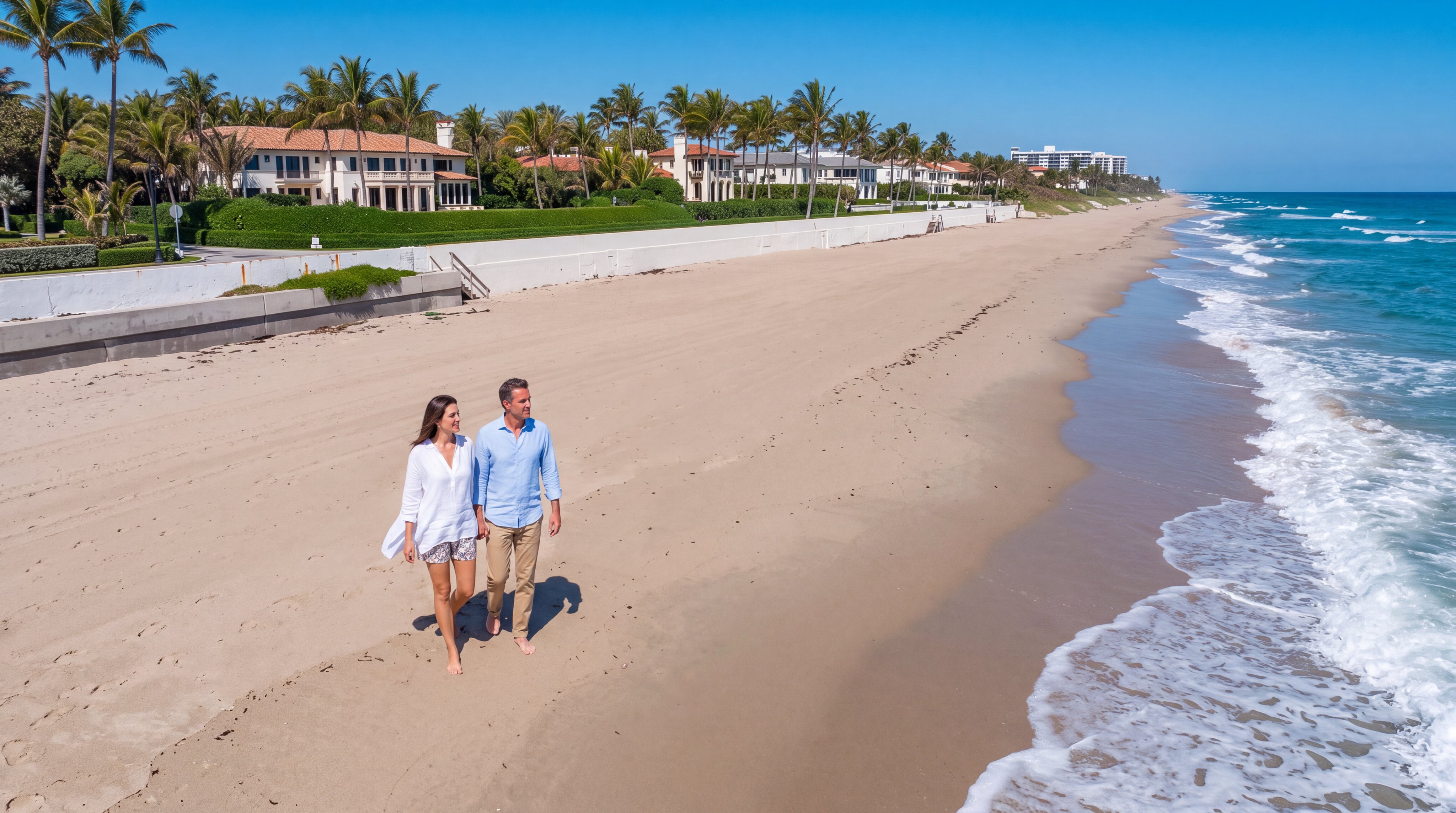 This aerial view captures a beautiful, sunny stretch of beach directly adjacent to a row of luxurious waterfront estates. A couple is walking along the pristine sand, highlighting the peaceful atmosphere and exclusive oceanfront lifestyle offered by these prestigious properties. The scene emphasizes the seamless transition from private residential landscaping to the expansive shoreline and coastal waters.