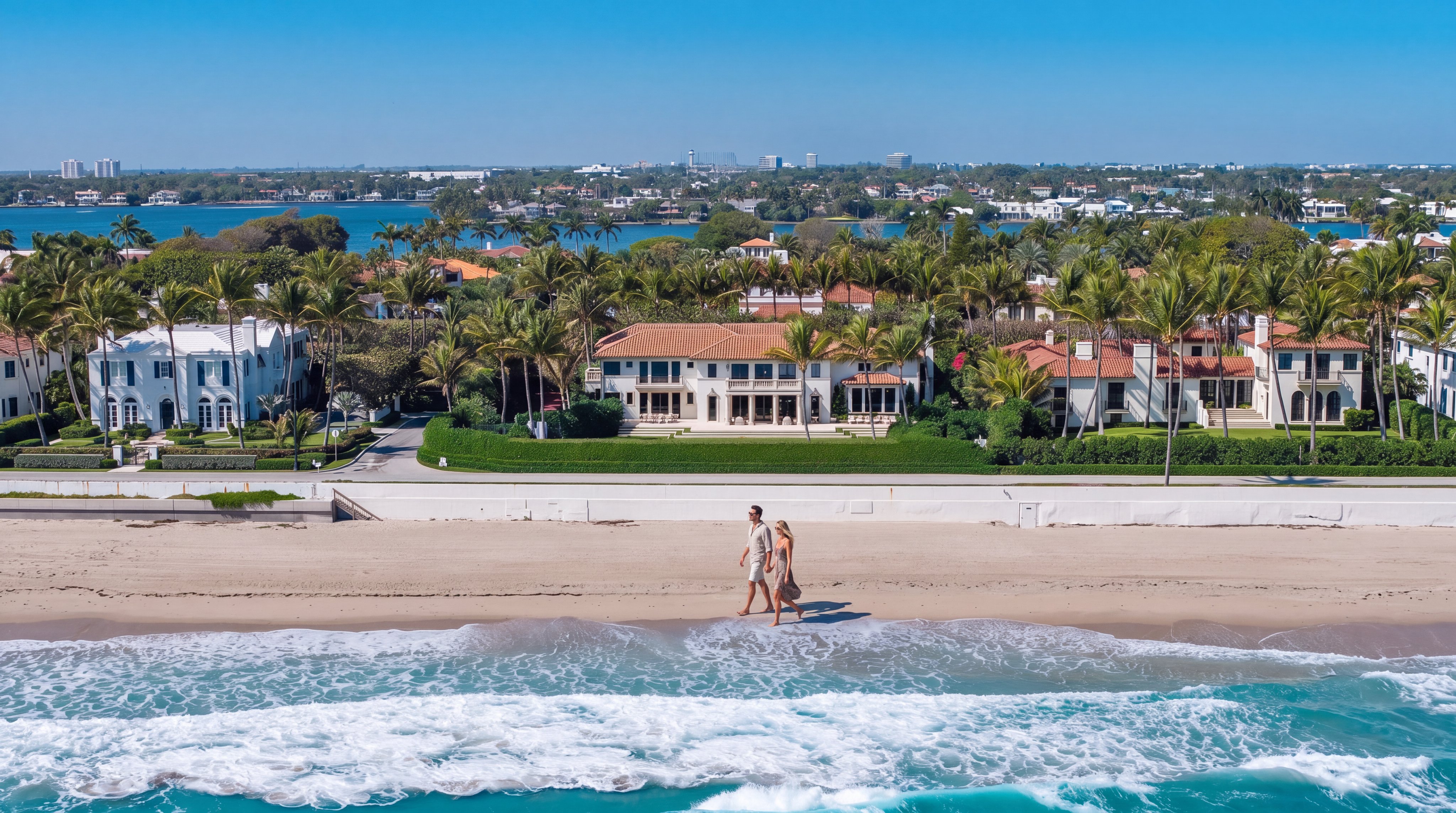This high-angle aerial view captures a sprawling beachfront estate with classic Mediterranean-inspired architectural elements, characterized by tile roofs and light-colored facades. The property features lush, meticulously manicured landscaping and direct beach access, epitomizing a luxurious coastal lifestyle. A couple is seen walking along the pristine sandy shore, emphasizing the serene and exclusive location of this coastal residence.