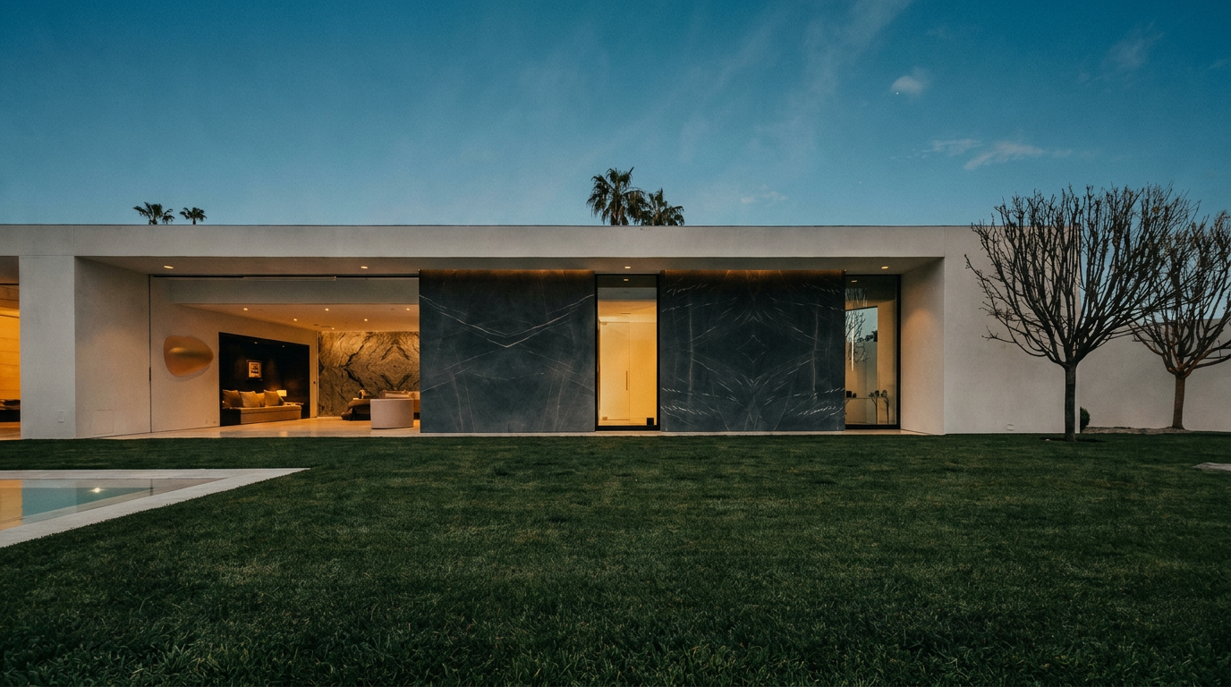This stunning modern architectural residence features a minimalist design with clean white lines and a striking dark stone facade. The expansive open-plan interior seamlessly transitions to a manicured lawn and a pristine swimming pool, creating an ideal indoor-outdoor living experience. The perspective is a low-angle, wide shot that emphasizes the home's sleek, contemporary aesthetic and its integration with the surrounding landscape.