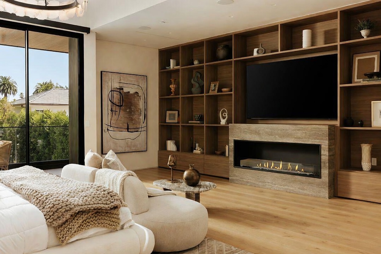 This sophisticated primary bedroom features a large, custom wood shelving unit that integrates a television and a stone-clad fireplace surround. A plush, curved sofa sits in the foreground near a stone-topped coffee table, while large glass sliding doors provide a seamless connection to the outdoor space. The room is decorated with a large abstract art piece and warm, neutral tones, creating a serene and luxurious atmosphere.