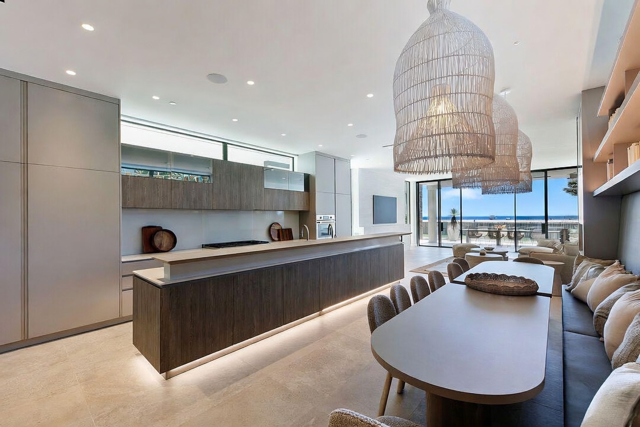 This modern, open-concept kitchen features a long island with dark wood cabinetry and a light-toned countertop, complemented by a matching dining area with a long table and bench seating. Three large, textured pendant lights hang above the dining space, while the kitchen area is illuminated by recessed lighting and under-cabinet glow. The space flows seamlessly toward a wall of large glass doors that reveal a scenic ocean view, creating a bright and airy atmosphere.