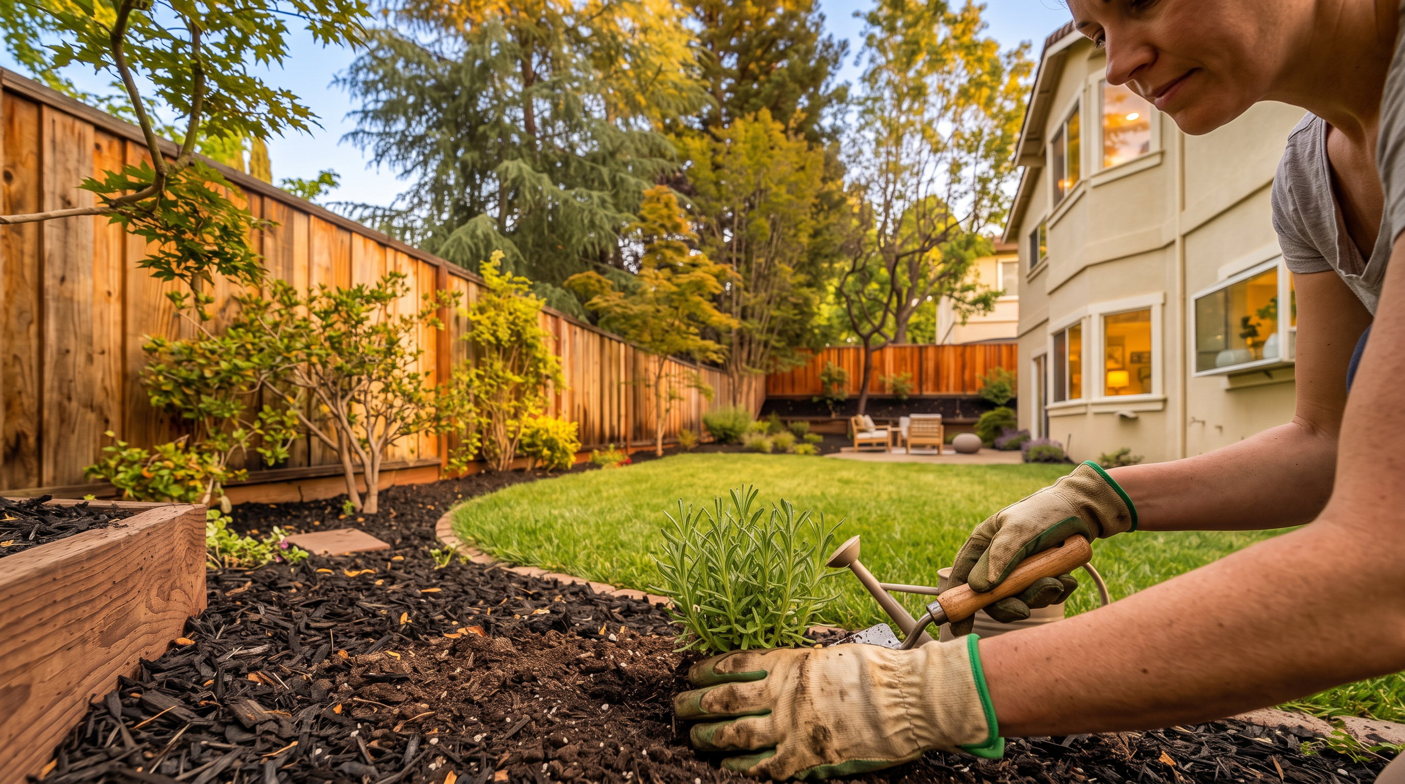 This well-maintained backyard features a lush green lawn bordered by dark mulch beds and a tall wooden privacy fence. A small, circular concrete patio area at the rear of the yard provides a cozy seating space, while mature trees and shrubs add greenery and depth to the landscape. The perspective captures the side of the house with its light-colored stucco exterior and multiple windows, creating a peaceful and private outdoor retreat.