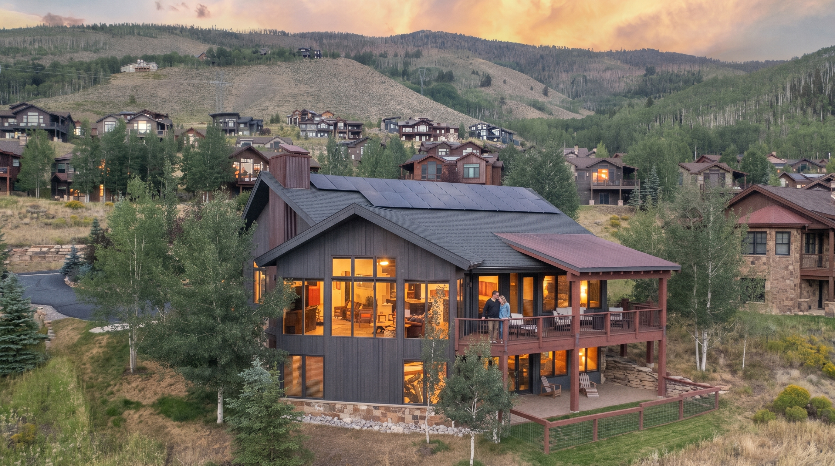 This stunning mountain-style home is captured in an elevated aerial shot against a picturesque sunset backdrop. The property features sleek dark vertical siding, expansive floor-to-ceiling windows, and a large wooden deck where a couple is enjoying the view, all complemented by integrated solar panels on the roof. Set within a scenic residential community surrounded by trees and hilly terrain, the house exudes a perfect balance of contemporary luxury and rugged mountain character.