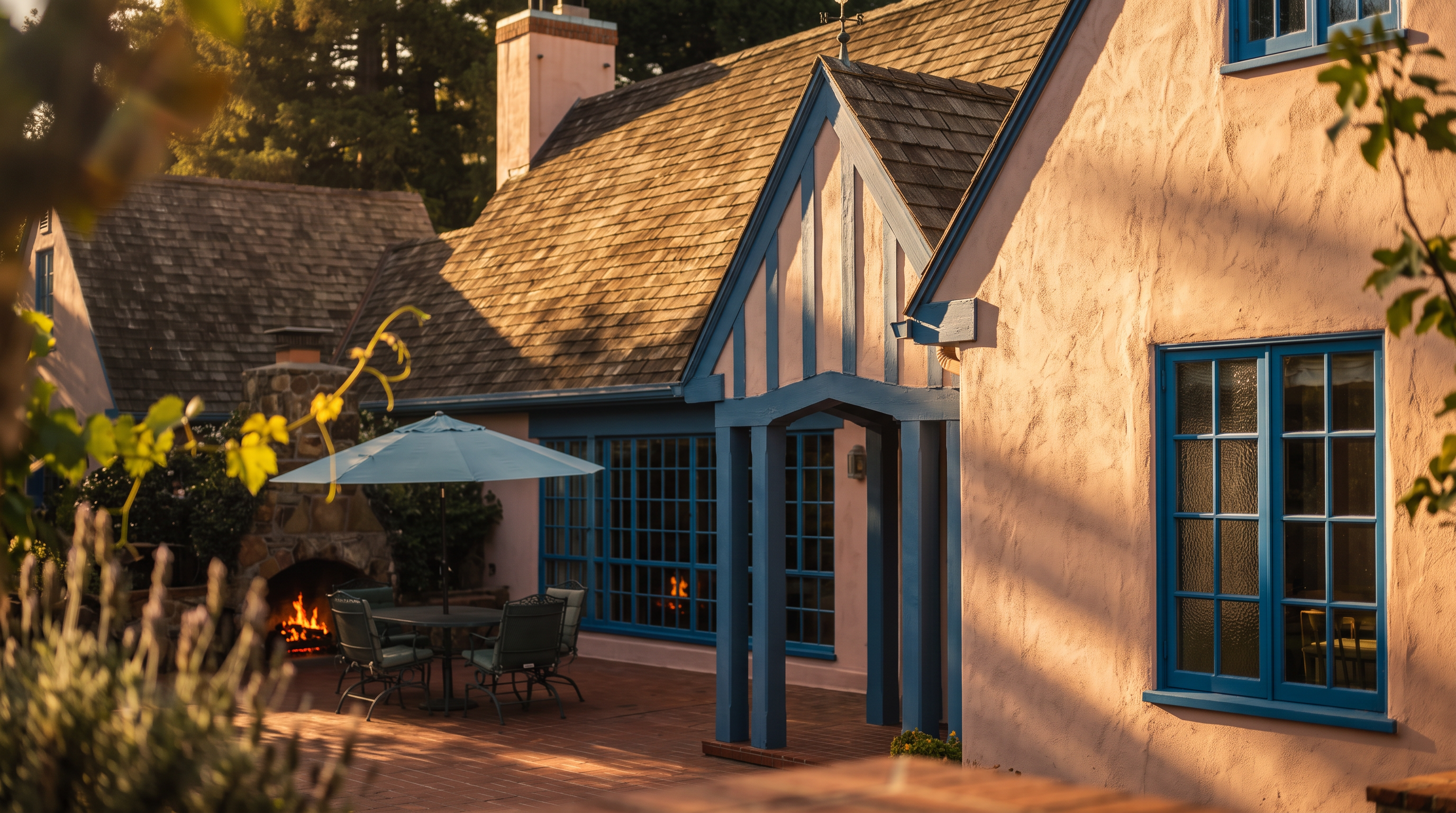 This rear view of a charming, pink-stucco home showcases a classic architectural style with a steep, weathered shingle roof and blue-trimmed window frames. A spacious brick patio provides an inviting outdoor living area, complete with a dining set, a patio umbrella, and an outdoor stone fireplace. The scene is framed by lush green trees and a well-manicured lawn, creating a peaceful and private backyard atmosphere.
