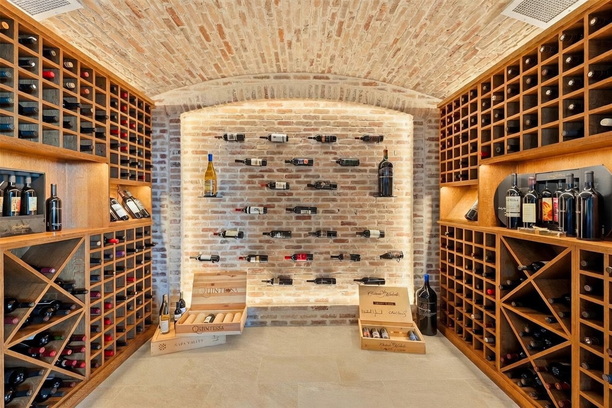 This sophisticated wine cellar features a barrel-vaulted brick ceiling and a central accent wall with individual bottle pegs for display. Custom wood shelving units line both sides of the room, providing extensive storage for a large collection, while wooden crates on the floor add a rustic touch. The space is illuminated by warm, recessed lighting that highlights the texture of the brickwork and the curated wine selection.