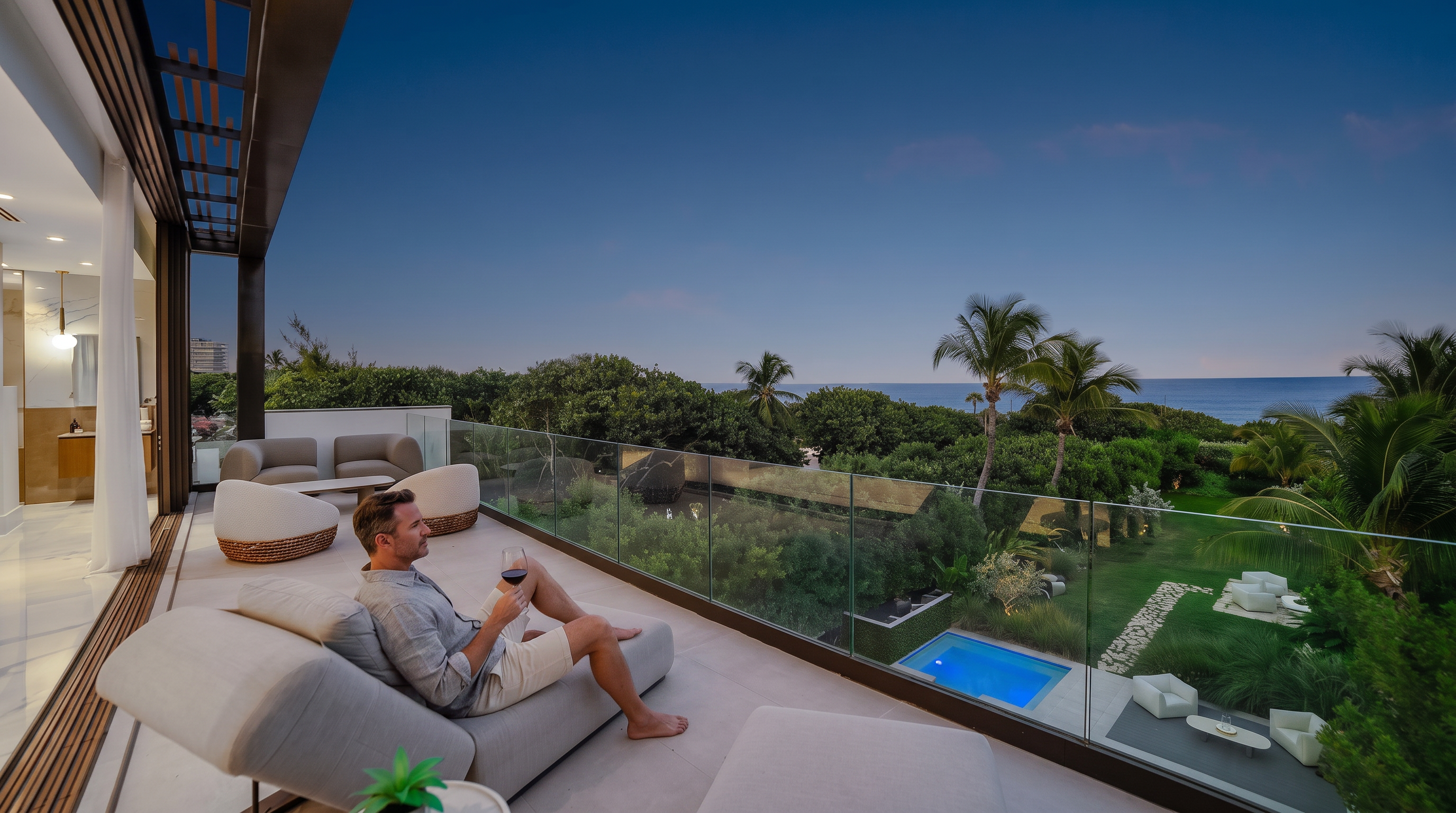 This expansive, modern balcony offers a seamless transition from the interior living space through large glass sliding doors. The outdoor area is furnished with comfortable lounge seating and chaise lounges, overlooking a lush green landscape, a private plunge pool, and the ocean horizon at dusk. The sleek glass railing ensures an unobstructed view, creating a sophisticated and serene atmosphere perfect for relaxation.