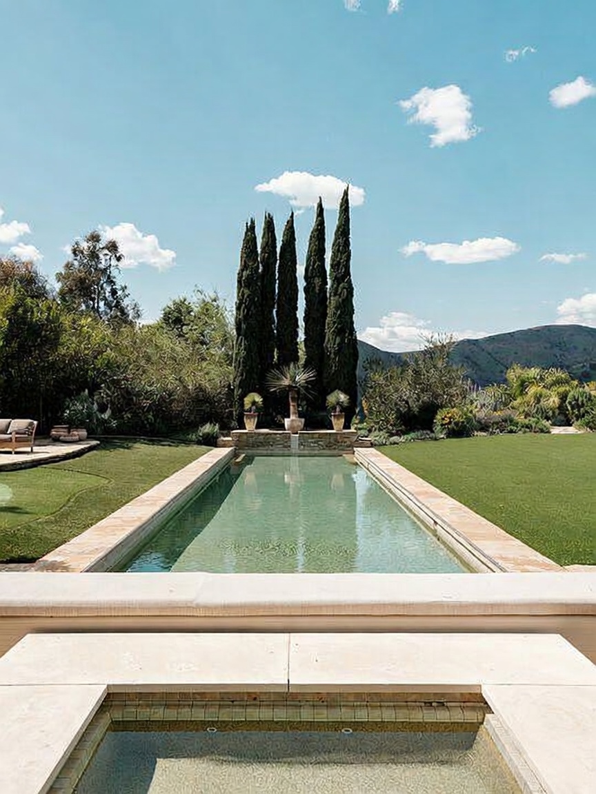 This perspective captures a serene outdoor oasis, featuring a rectangular swimming pool aligned with a row of tall, slender cypress trees. In the foreground, a stone-edged spa sits just below the viewer's vantage point, creating a layered effect that leads the eye toward the lush green lawn and distant rolling hills. The scene is bathed in bright, natural light under a clear blue sky, emphasizing a tranquil and luxurious backyard setting.