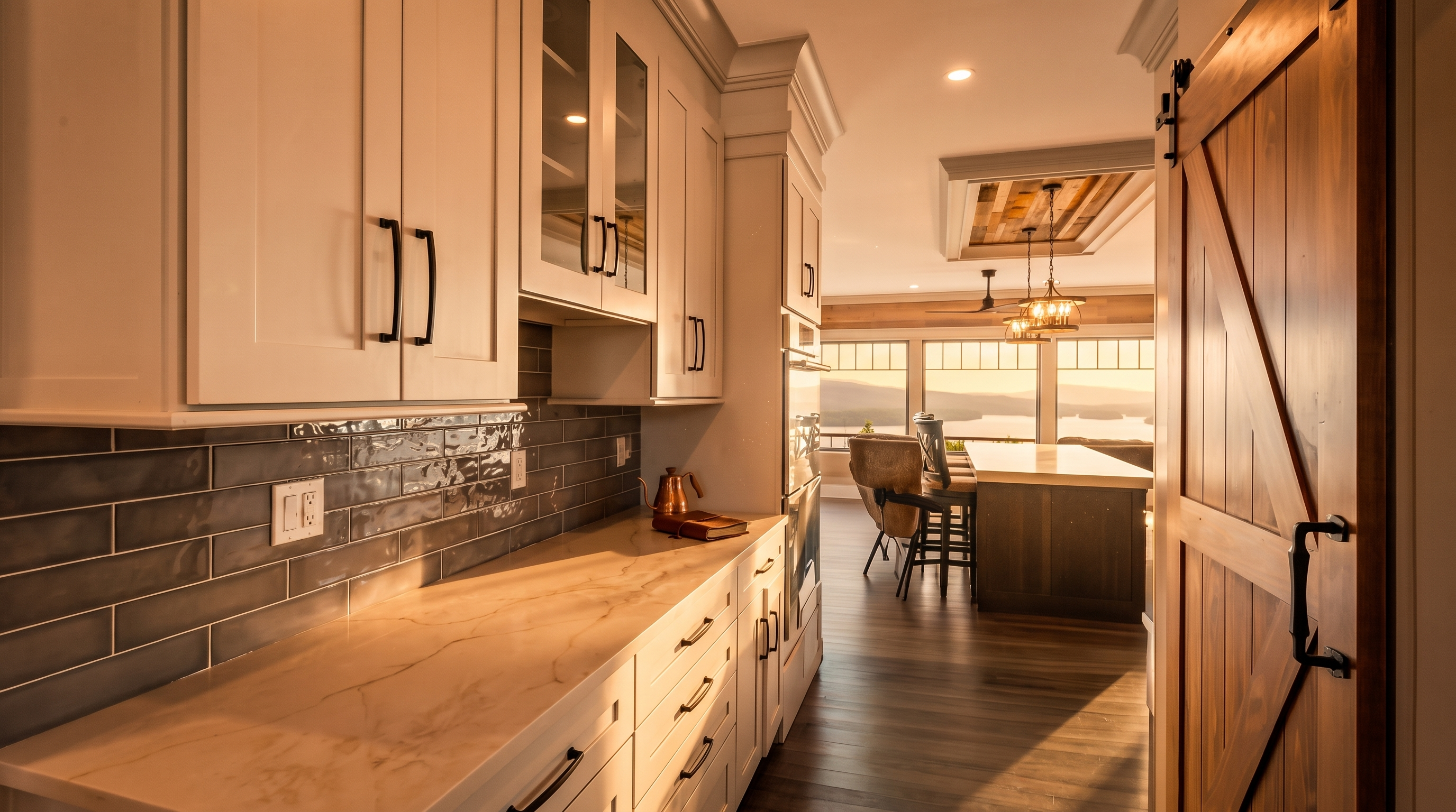 This kitchen area showcases elegant off-white shaker cabinetry paired with a glossy, charcoal-hued metro tile backsplash and expansive light-toned quartz countertops. The space features a sophisticated rustic sliding barn door, high-end appliance integration, and an open layout that leads toward a sunlit breakfast bar and dining island with an impressive view of the outdoors. The cohesive aesthetic blends modern luxury with subtle farmhouse charm, making it a standout feature of the home.